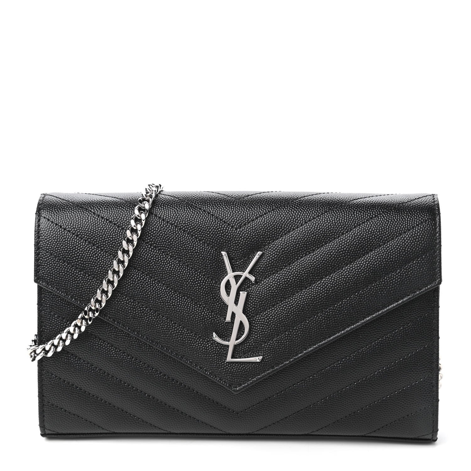 Saint Laurent Grain De Poudre Matelasse Chevron Monogram Chain Wallet Black 1 of 10