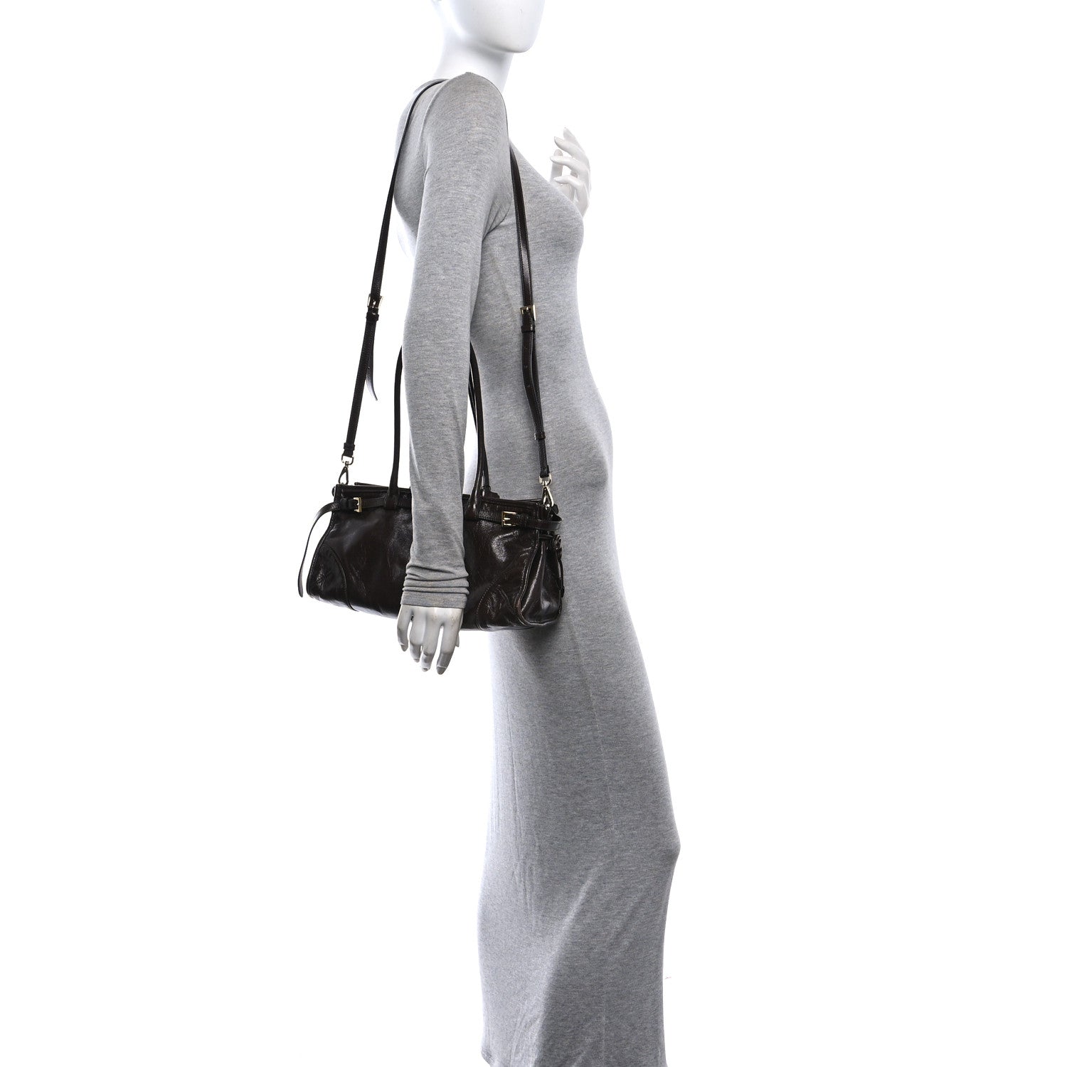 Prada Glossy Calfskin Triangle Medium Bonnie Shoulder Bag Dark Brown 2 of 9