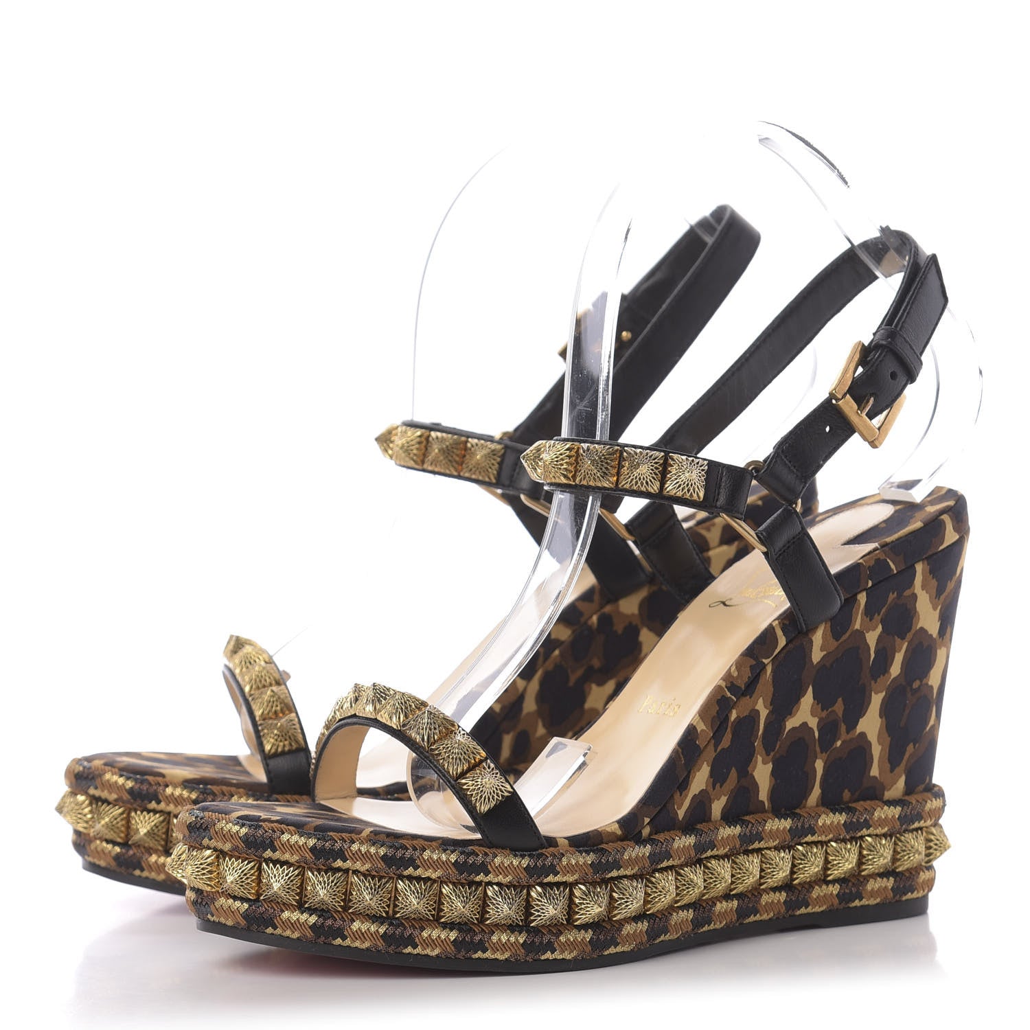 Christian Louboutin Nappa Silk Leopard Pira Ryad 110 Wedge Sandals 40 Black Marron 3 of 8