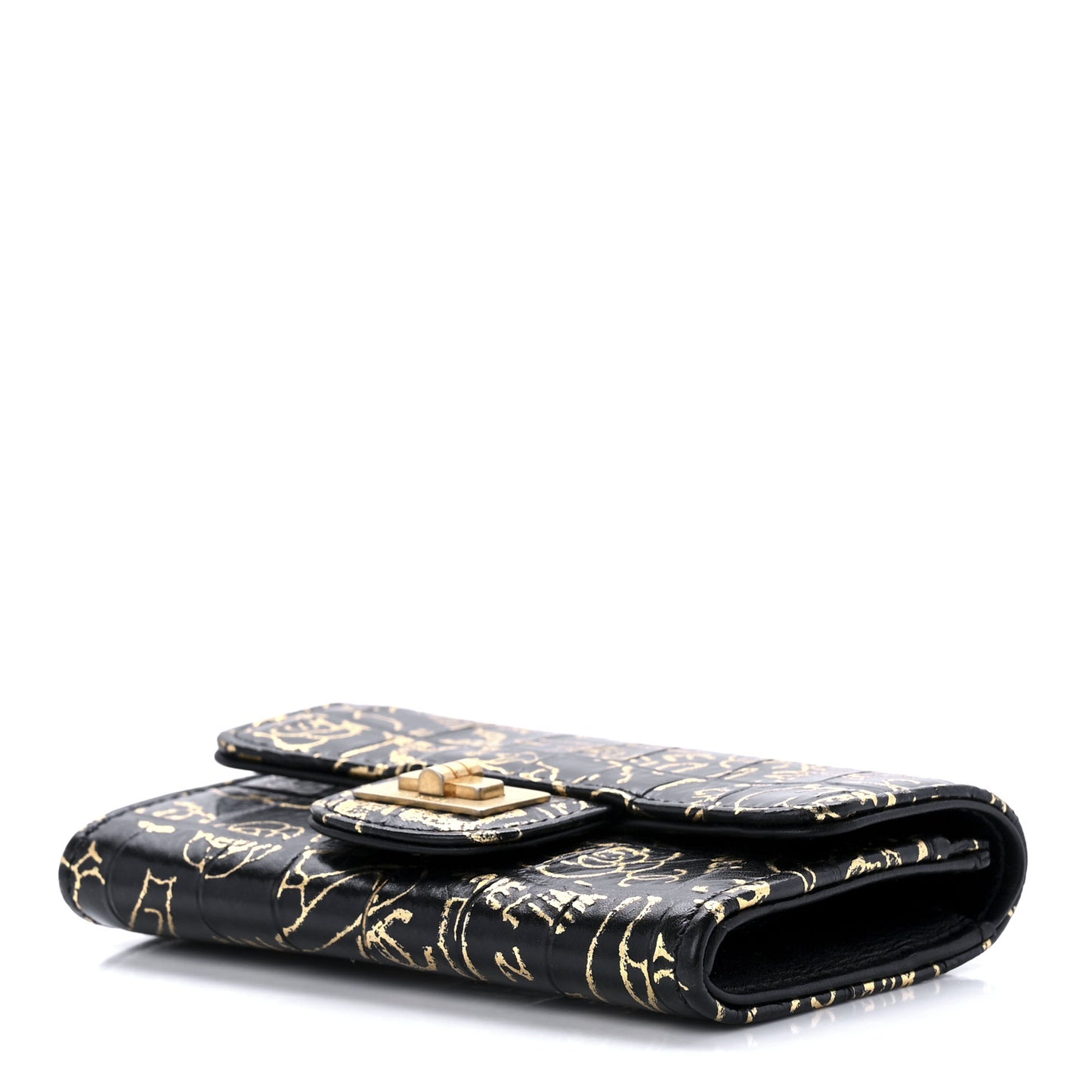 Calfskin Crocodile Embossed Graffiti 2.55 Cocodile Reissue Flap Card Holder Black Gold
