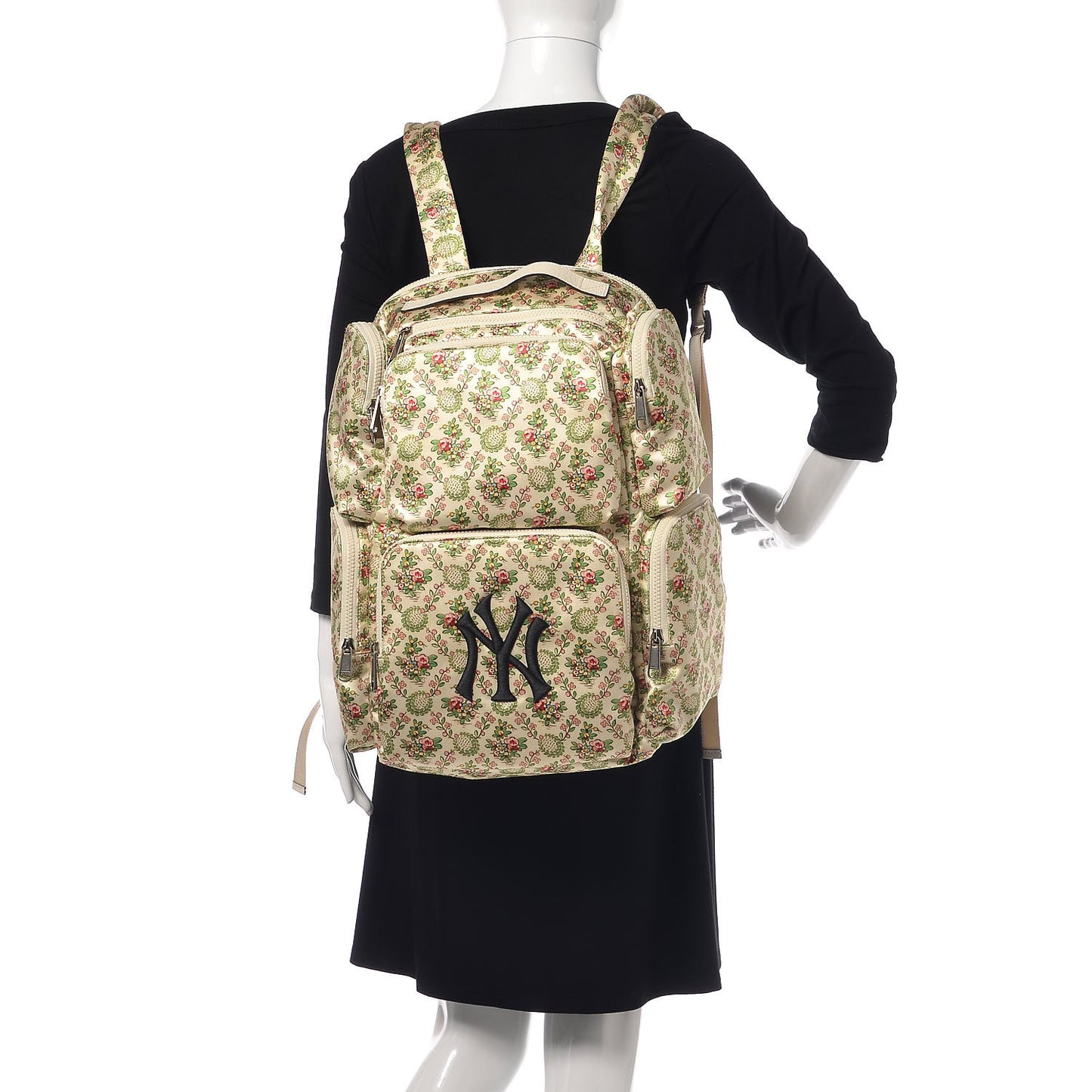 X MLB Satin Floral Print NY Yankees Patch Backpack Ivory Green