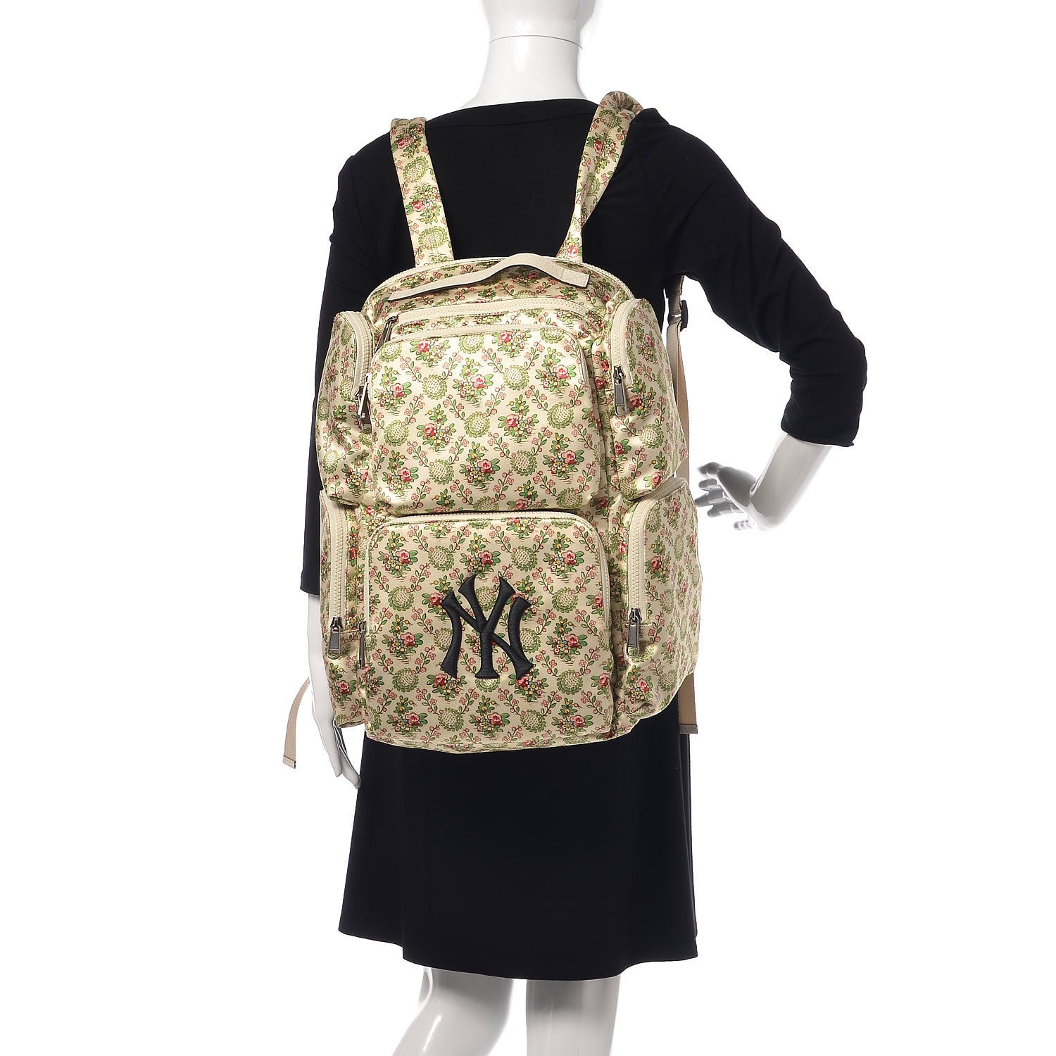 Gucci X MLB Satin Floral Print NY Yankees Patch Backpack Ivory Green 2 of 11
