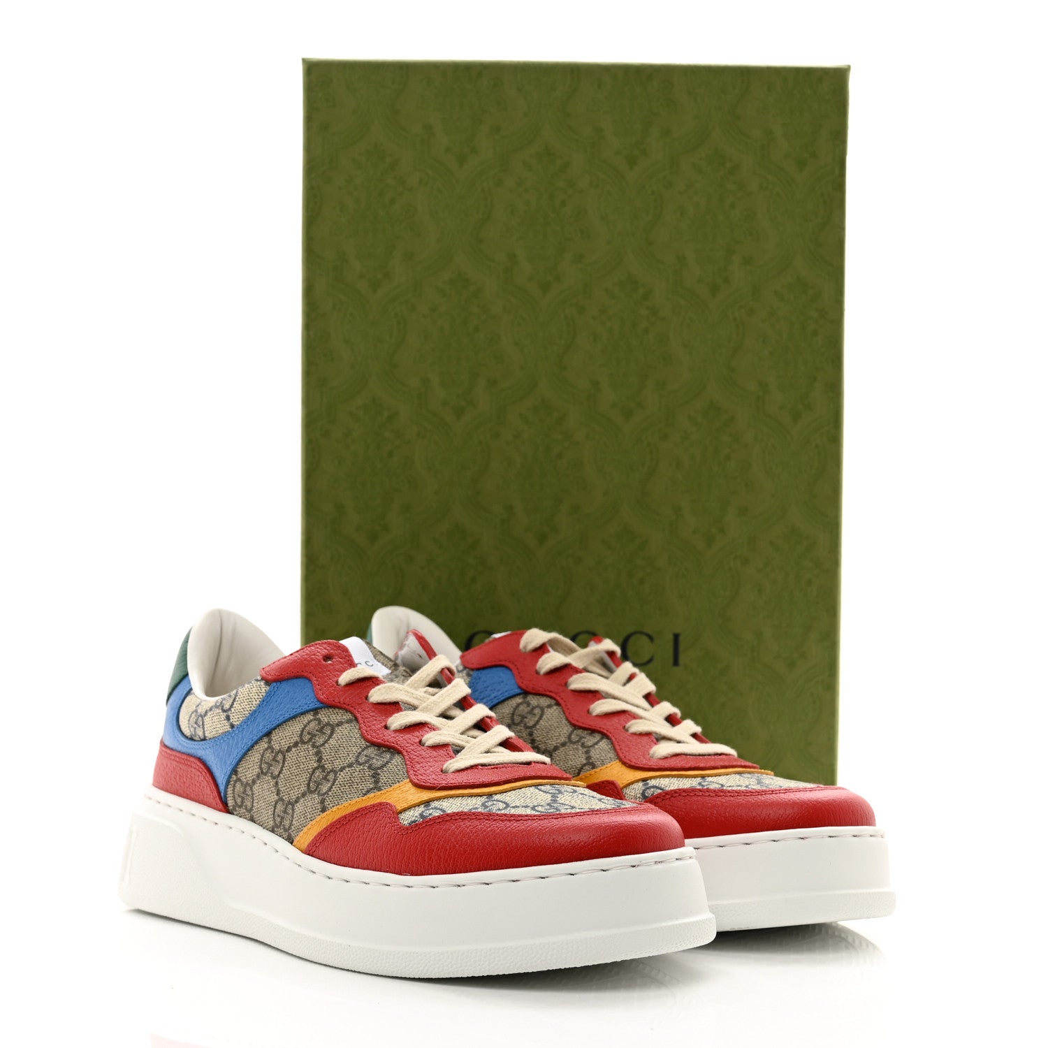 Gucci GG Supreme Monogram Textured Dollar Calfskin Mens Chunky Sneakers 7 Beige Ebony Blue Lobster Red Crop 8 of 8