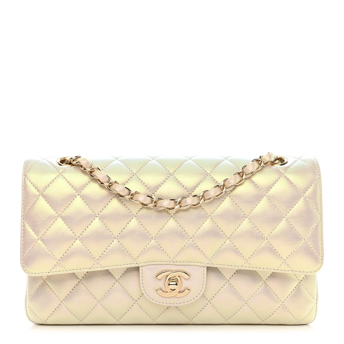 Iridescent Lambskin Quilted Medium Double Flap Ivory