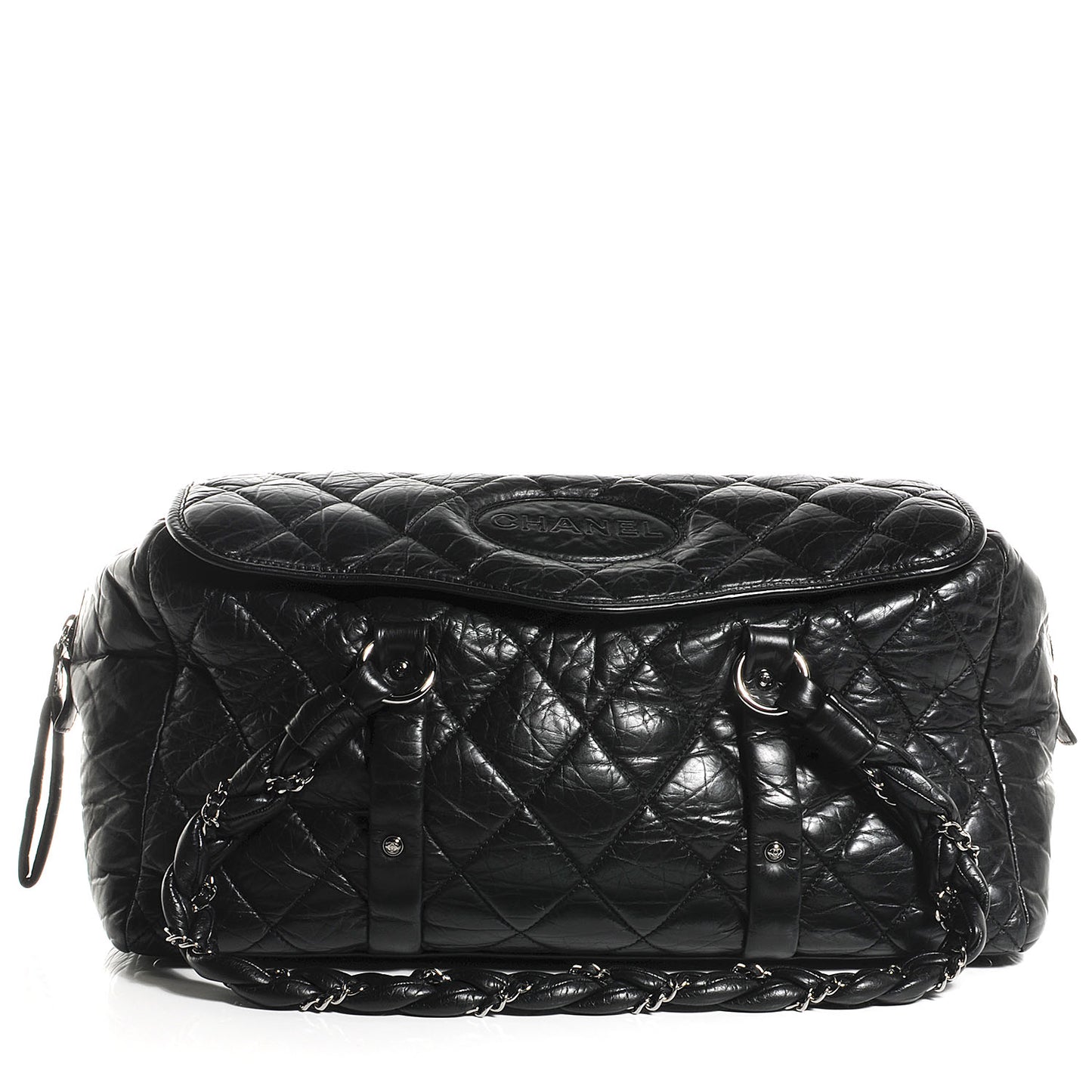 Distressed Lambskin Lady Braid Flap Tote Black