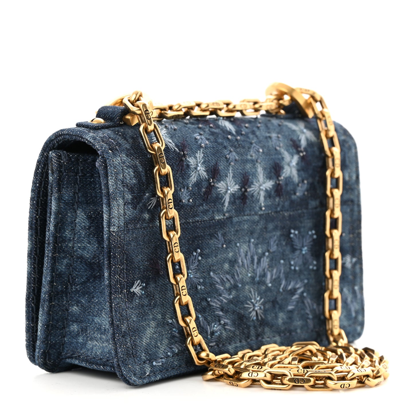 Denim Embroidered Mini J'Adior Chain Flap Bag Blue