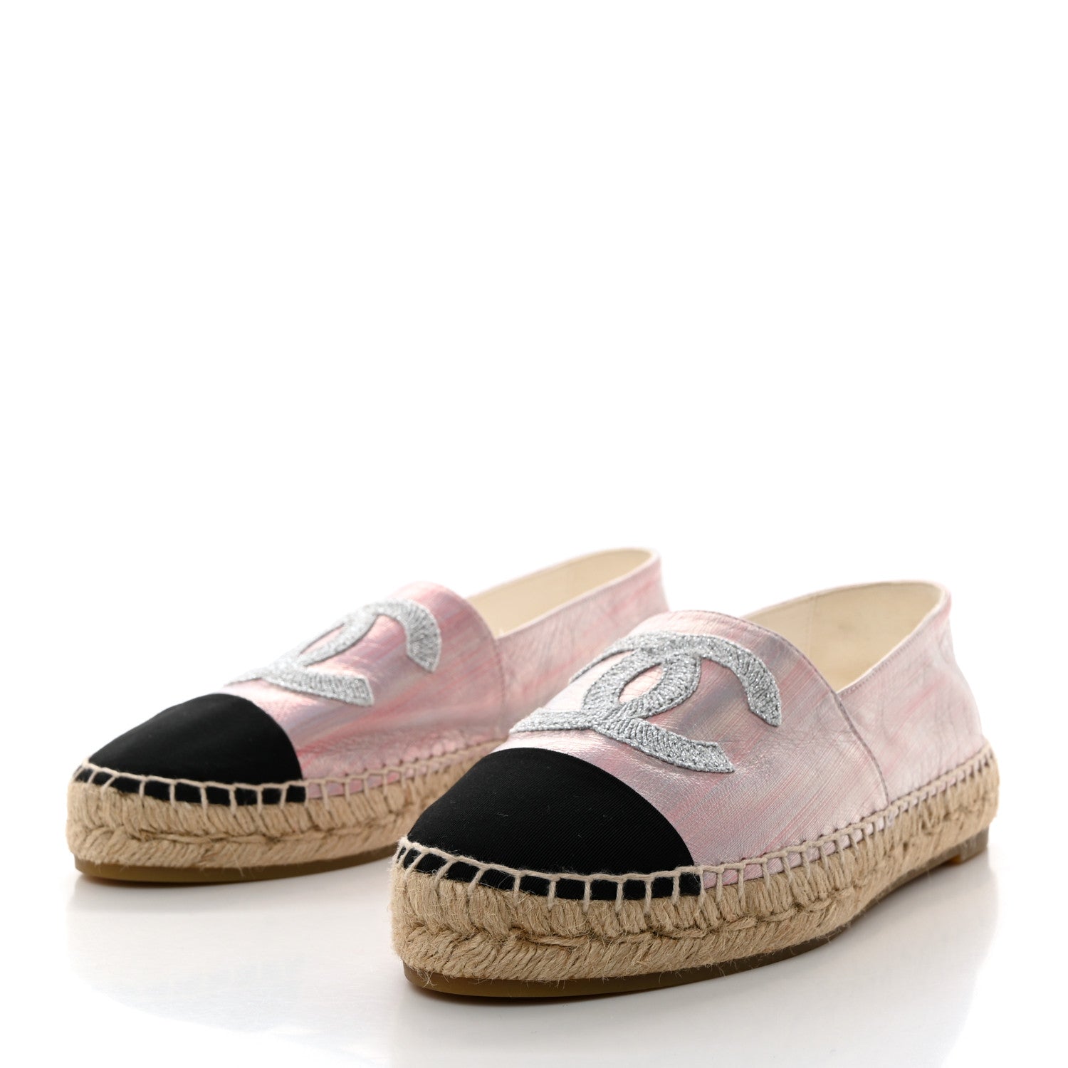 Chanel Laminated Lambskin Grosgrain Embroidered CC Espadrilles 40 Pink Silver Black 3 of 8