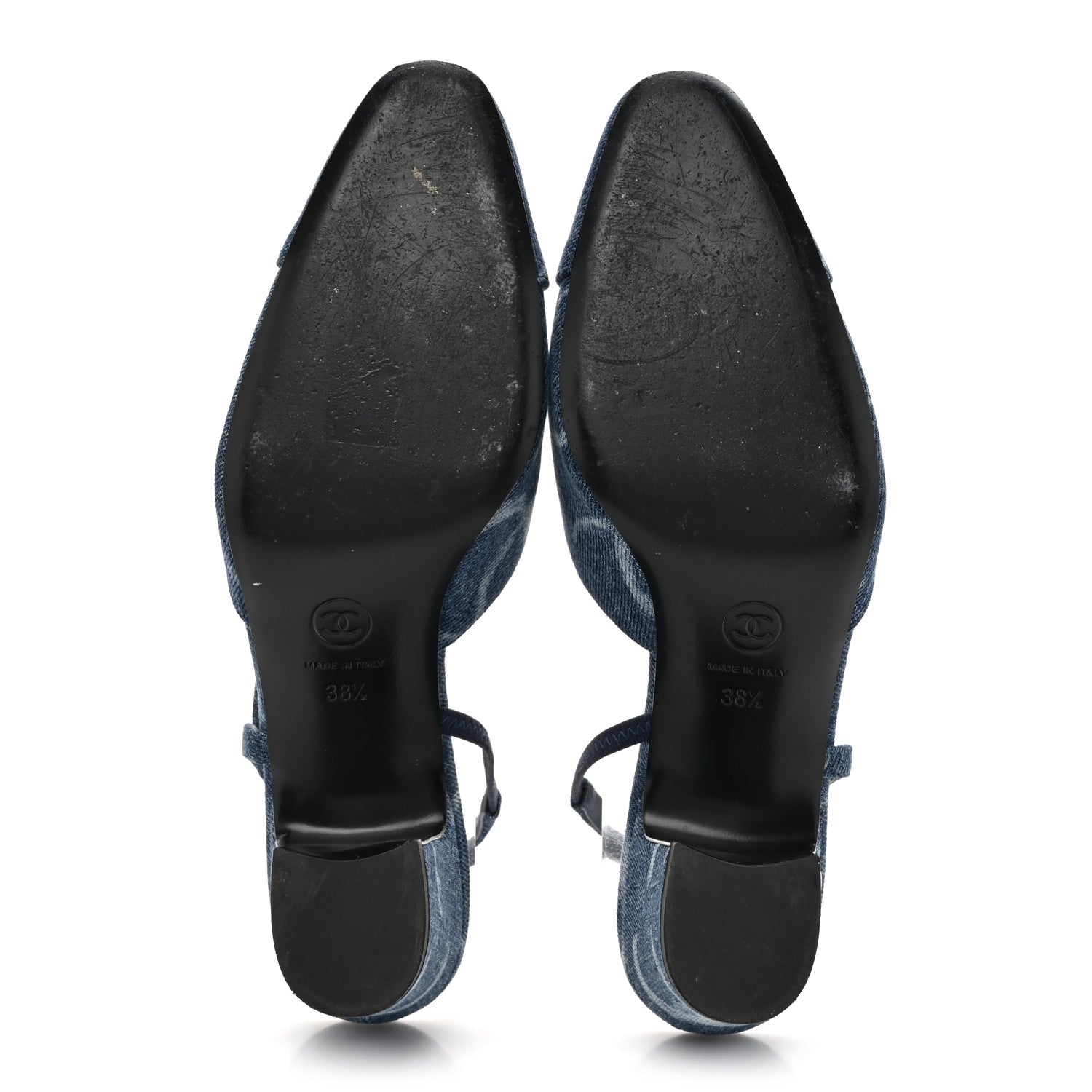 Chanel Printed Denim Cap Toe CC Slingback Pumps 38.5 Dark Blue White 5 of 8