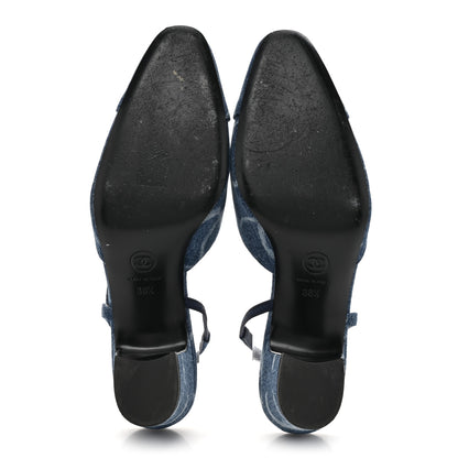 Chanel Printed Denim Cap Toe CC Slingback Pumps 38.5 Dark Blue White 5 of 8