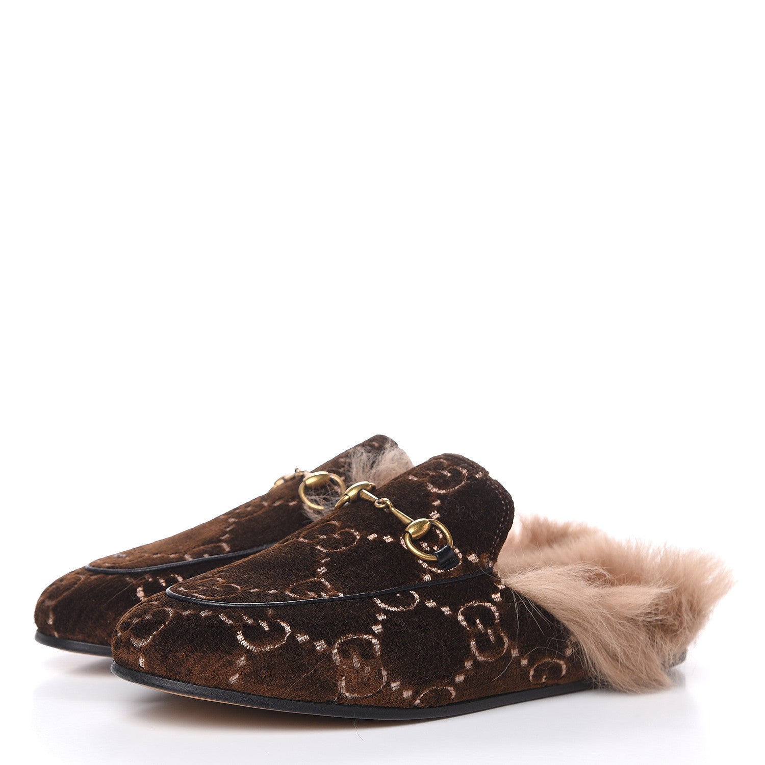 Gucci Velvet GG Monogram Fur Womens Princetown Slippers 37.5 Brown Black Natural 3 of 9