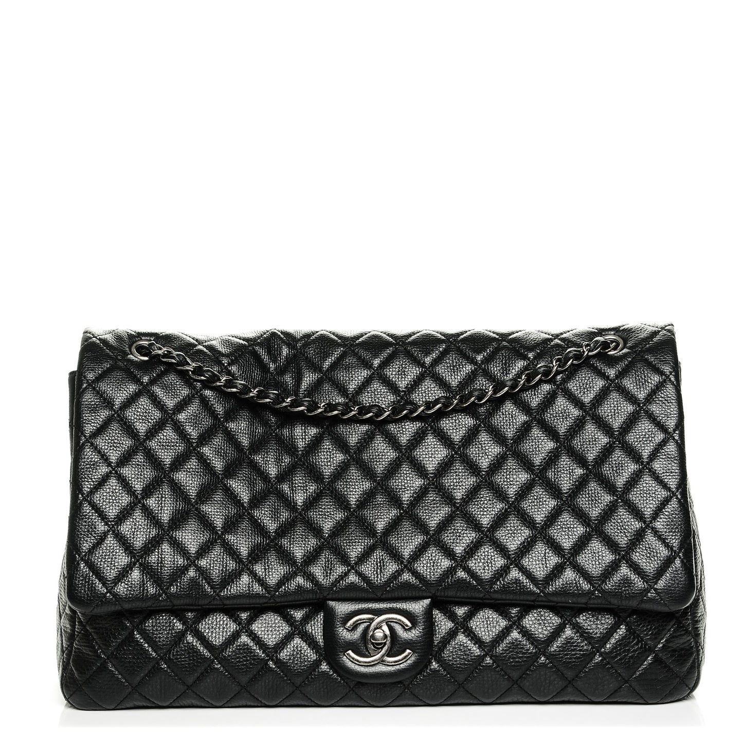 Calfskin Quilted XXL Travel Flap Bag Black