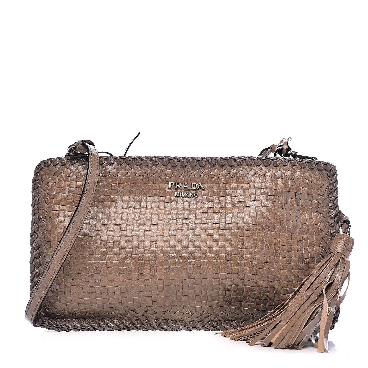 Prada Goatskin Woven Tassel Shoulder Bag Pomice Grafite 1 of 10