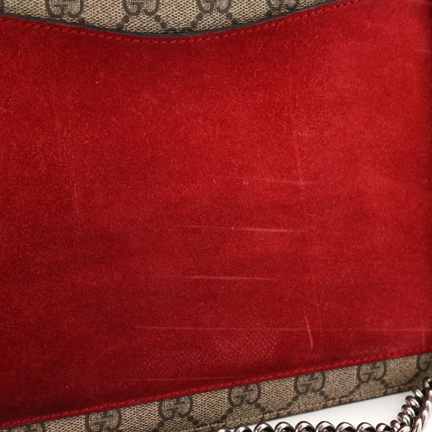 GG Supreme Monogram Suede Cudu Medium Dionysus Shoulder Bag Beige Ebony Vulcanic Red