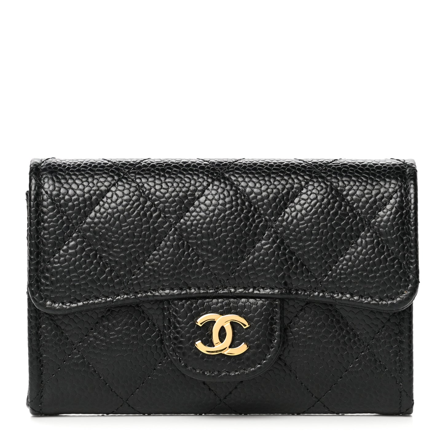 Caviar Quilted Flap Card Holder Wallet Black