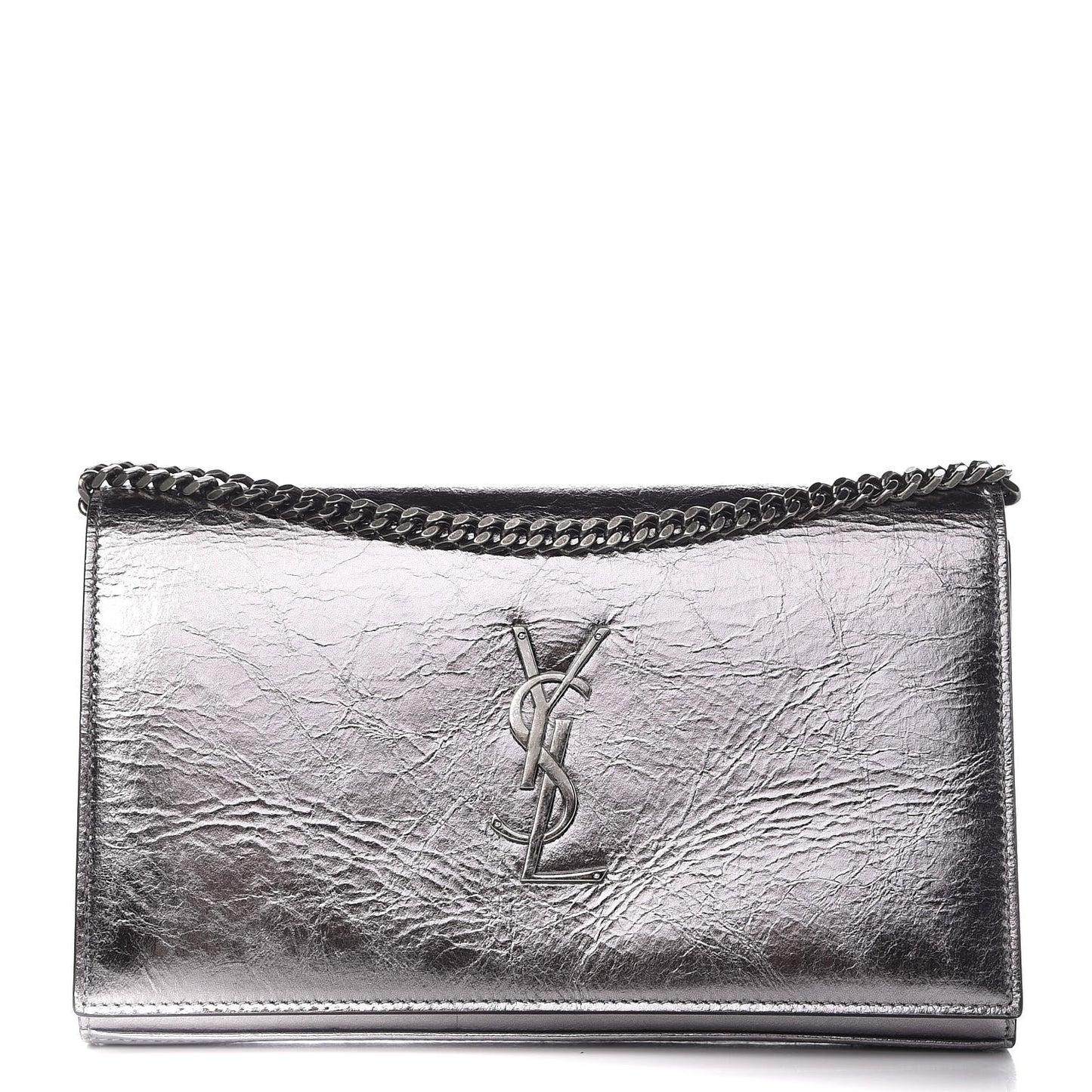 Metallic Crackled Calfskin Monogram Chain Wallet Acciaio Nero