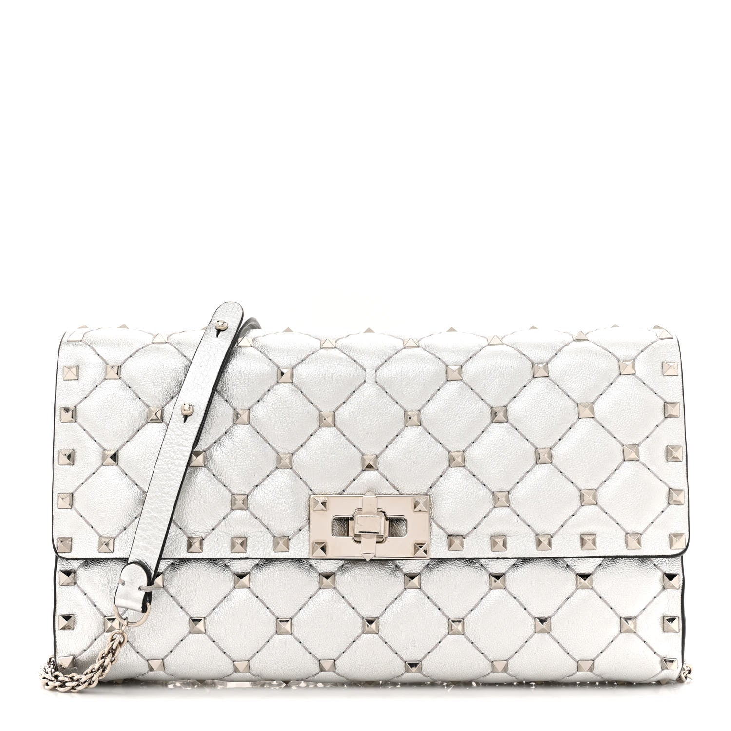 Valentino Garavani Metallic Nappa Rockstud Spike Wallet on Chain Silver 1 of 12