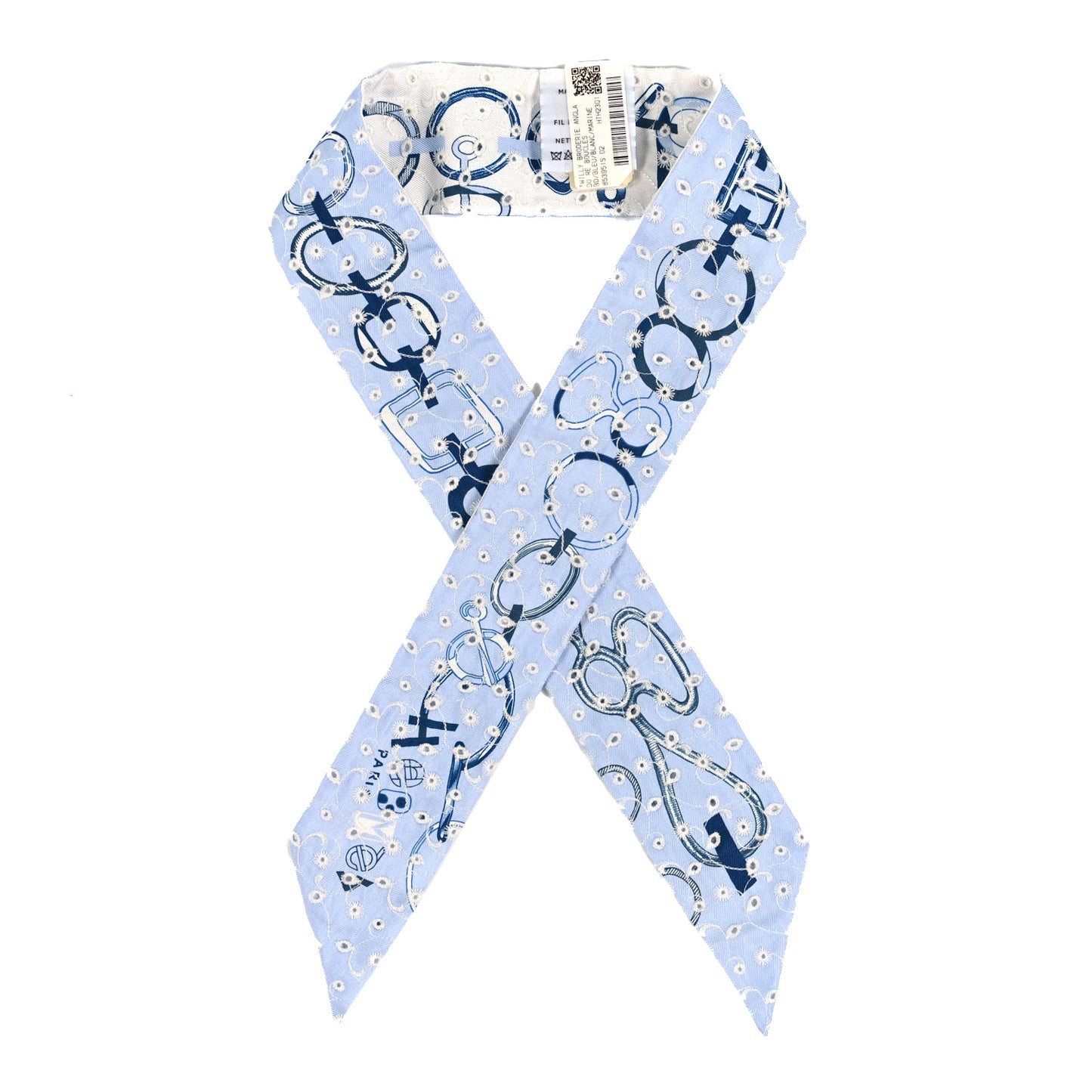 Silk Embroidered Do Re Boucles Broderie Anglaise Twilly Bleu White Marine