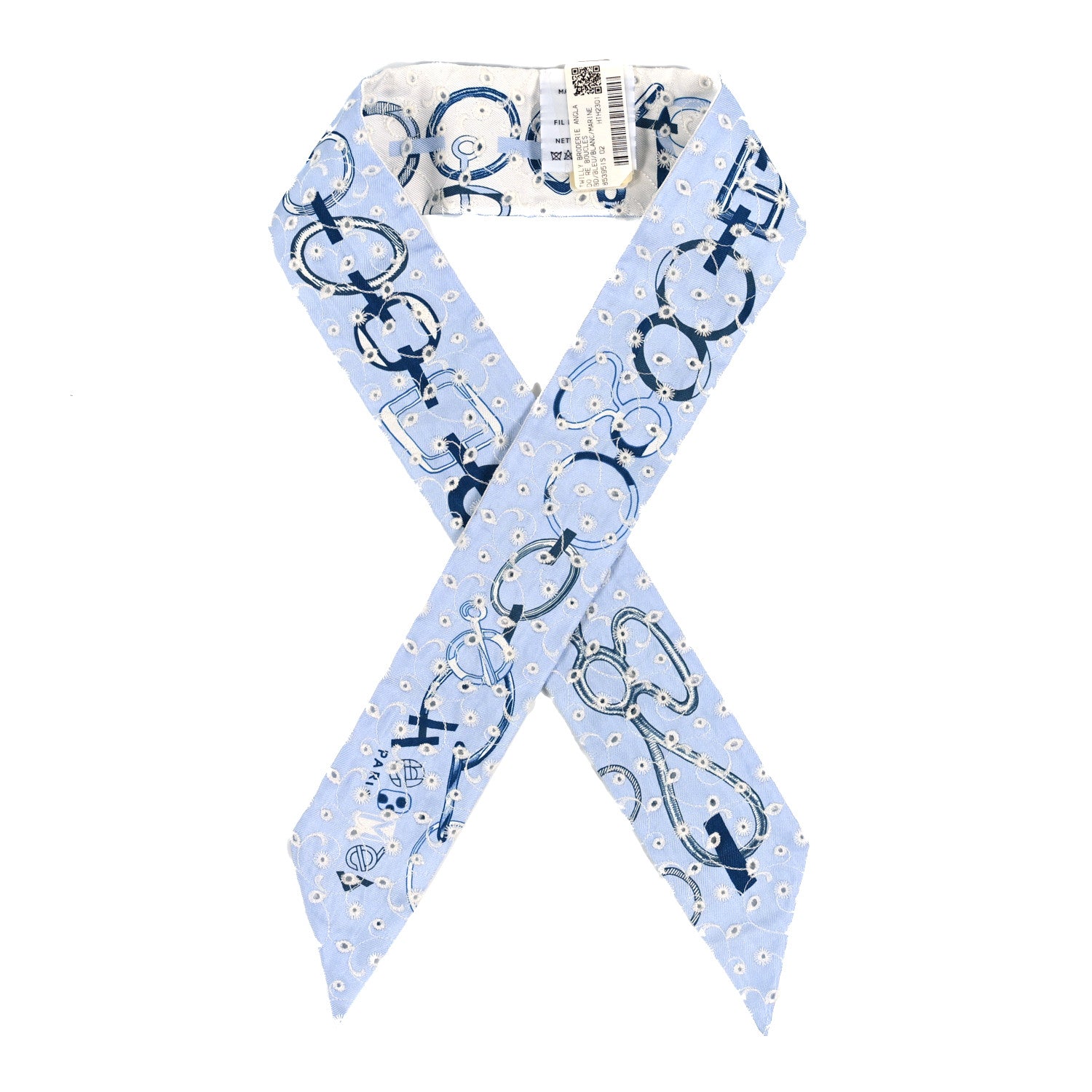 Hermes Silk Embroidered Do Re Boucles Broderie Anglaise Twilly Bleu White Marine 1 of 4
