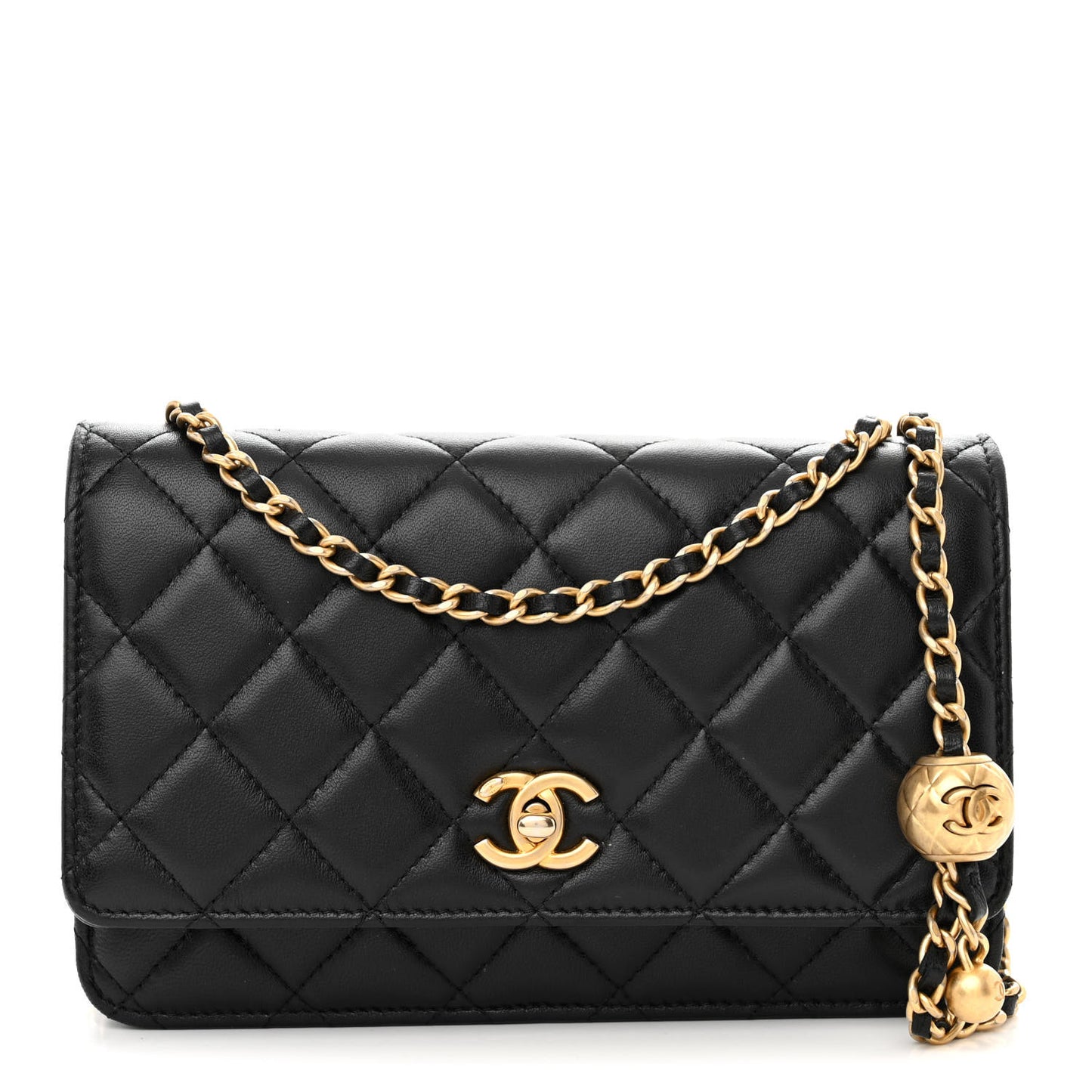 Lambskin Quilted Pearl Crush Wallet On Chain WOC Black