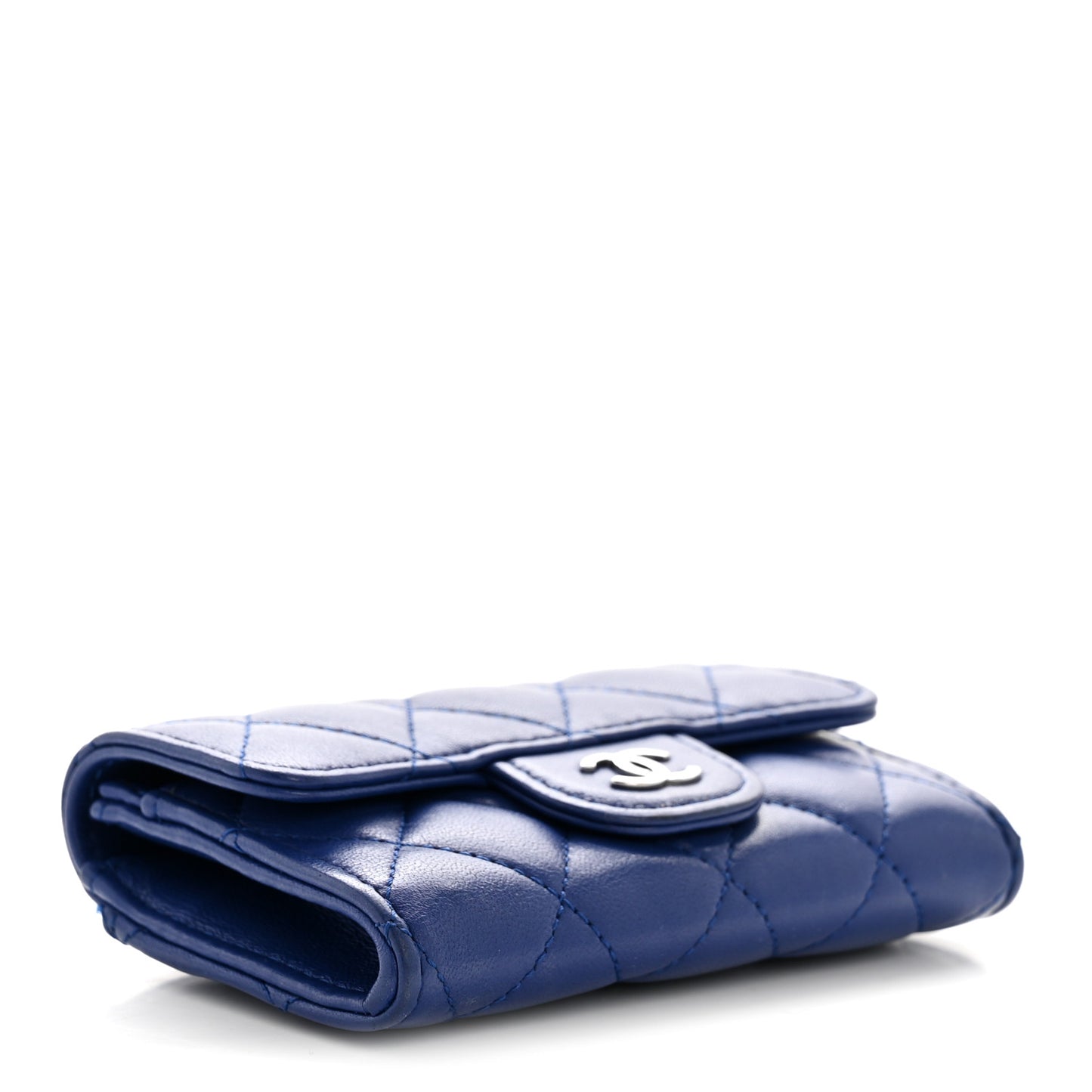 Lambskin Quilted Flap Card Holder Wallet Blue