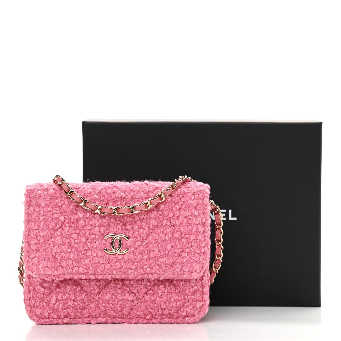 Tweed Quilted Flap Chain Waist Bag Pink