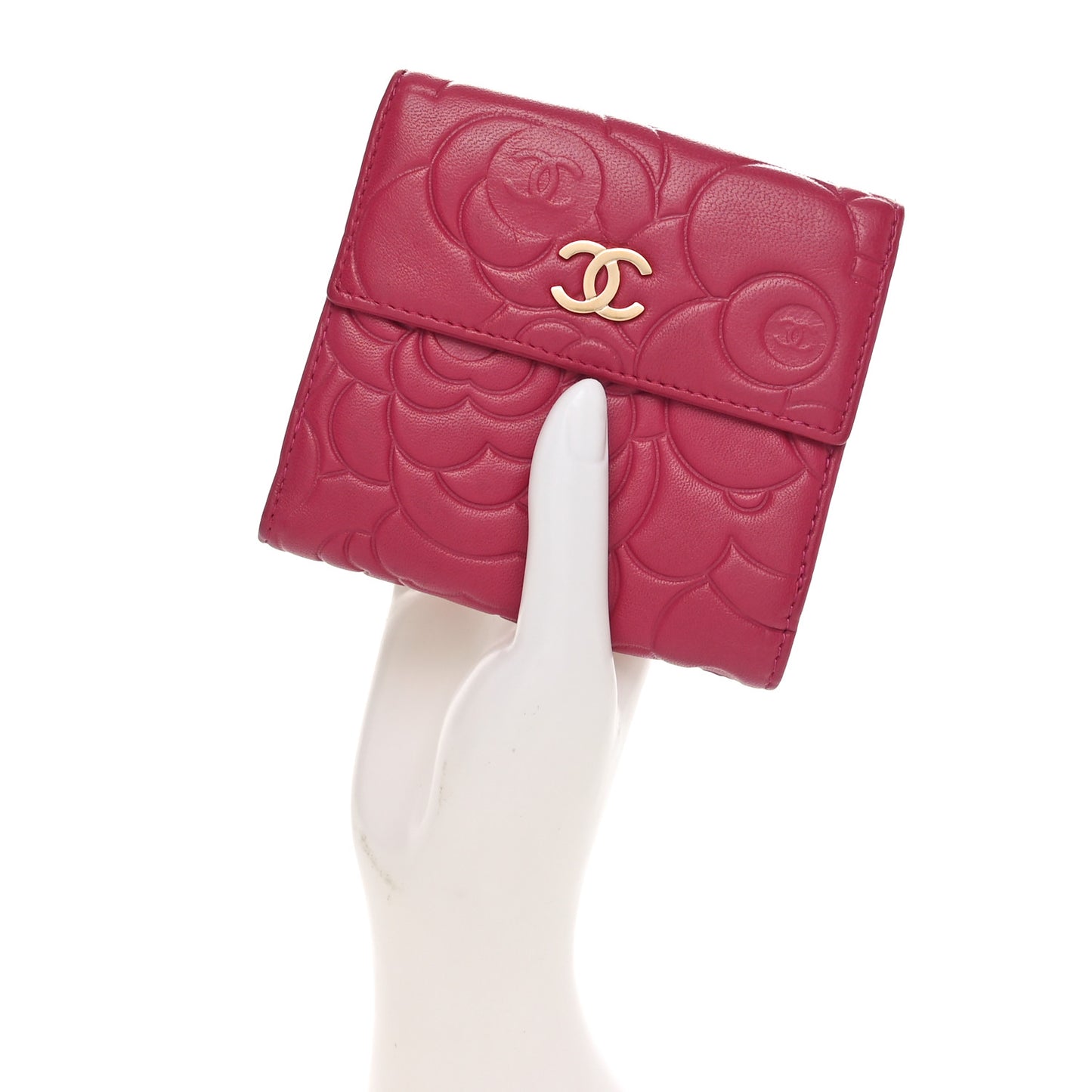 Lambskin Camellia Embossed Compact French Flap Wallet Pink