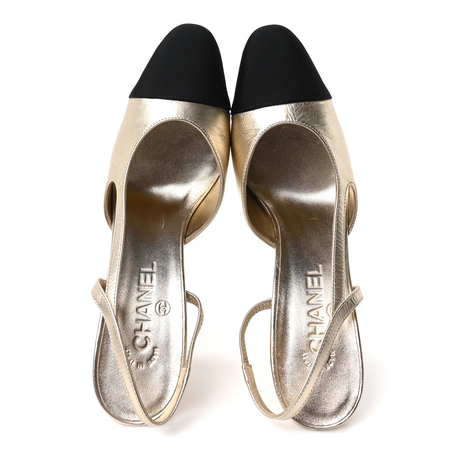 Chanel Laminated Crumpled Lambskin Grosgrain Cap Toe CC Slingback Pumps 39.5 Gold Black 2 of 10