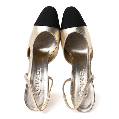 Chanel Laminated Crumpled Lambskin Grosgrain Cap Toe CC Slingback Pumps 39.5 Gold Black 2 of 10