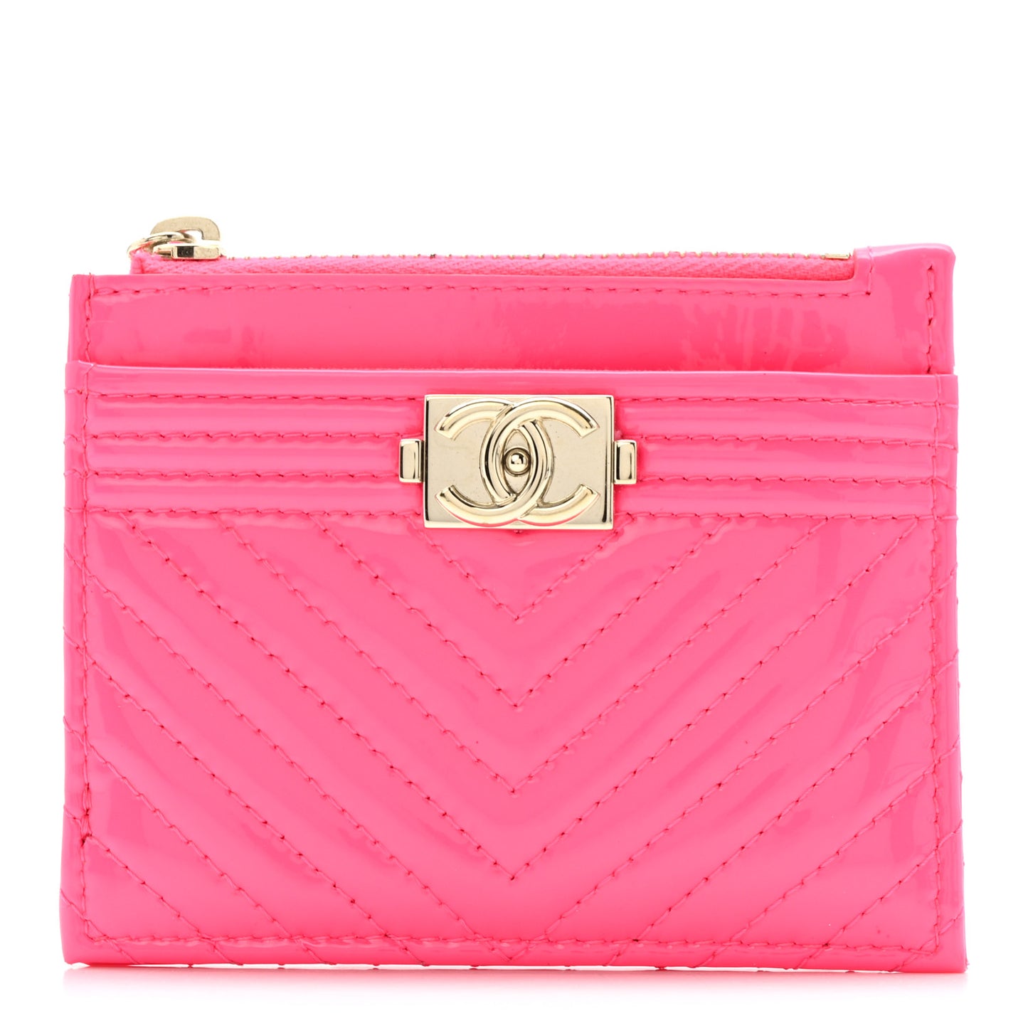 Patent Chevron Quilted Boy Zip Card Holder Neon Pink