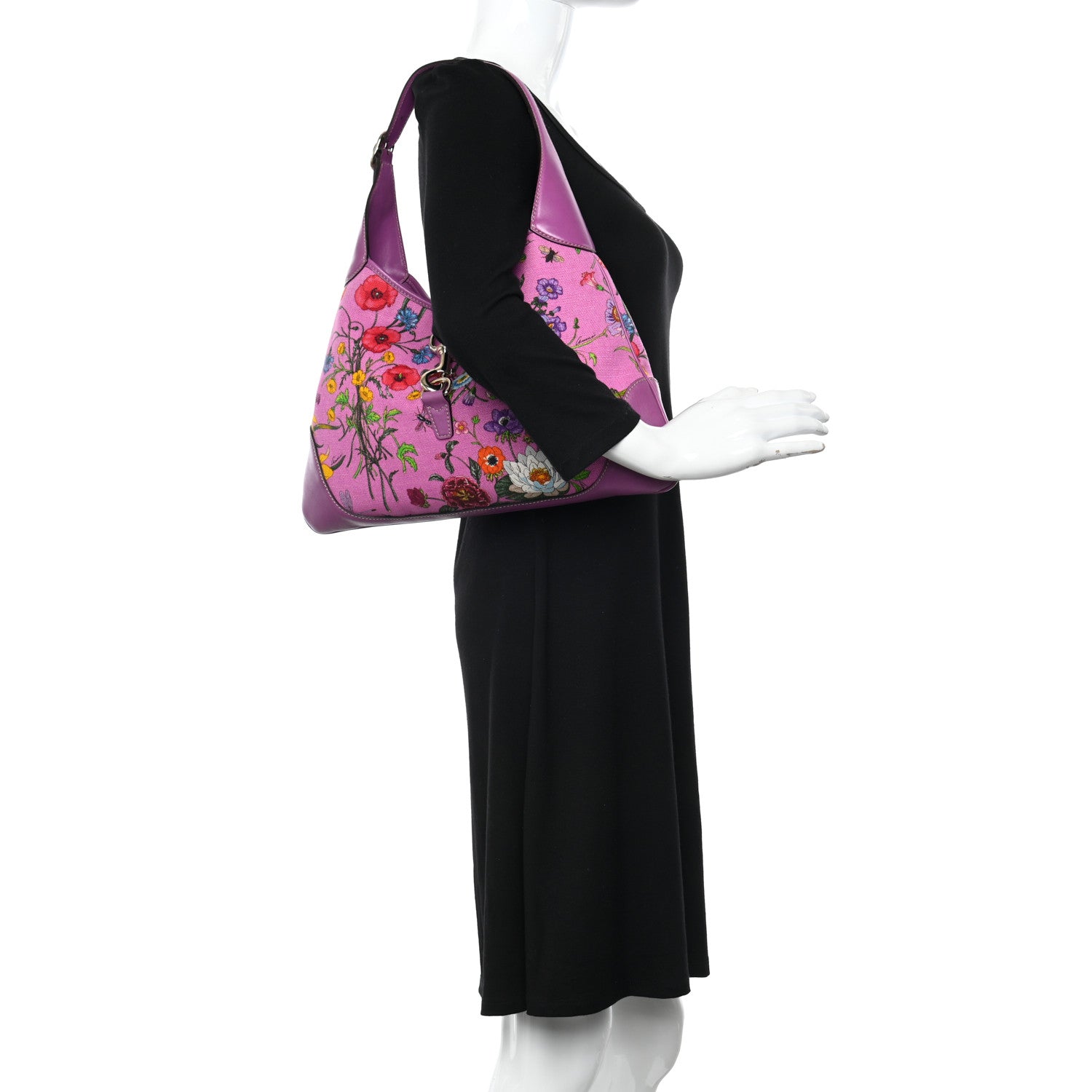 Gucci Canvas Floral Flora Medium Jackie O Bouvier Hobo Hot Pink 2 of 10