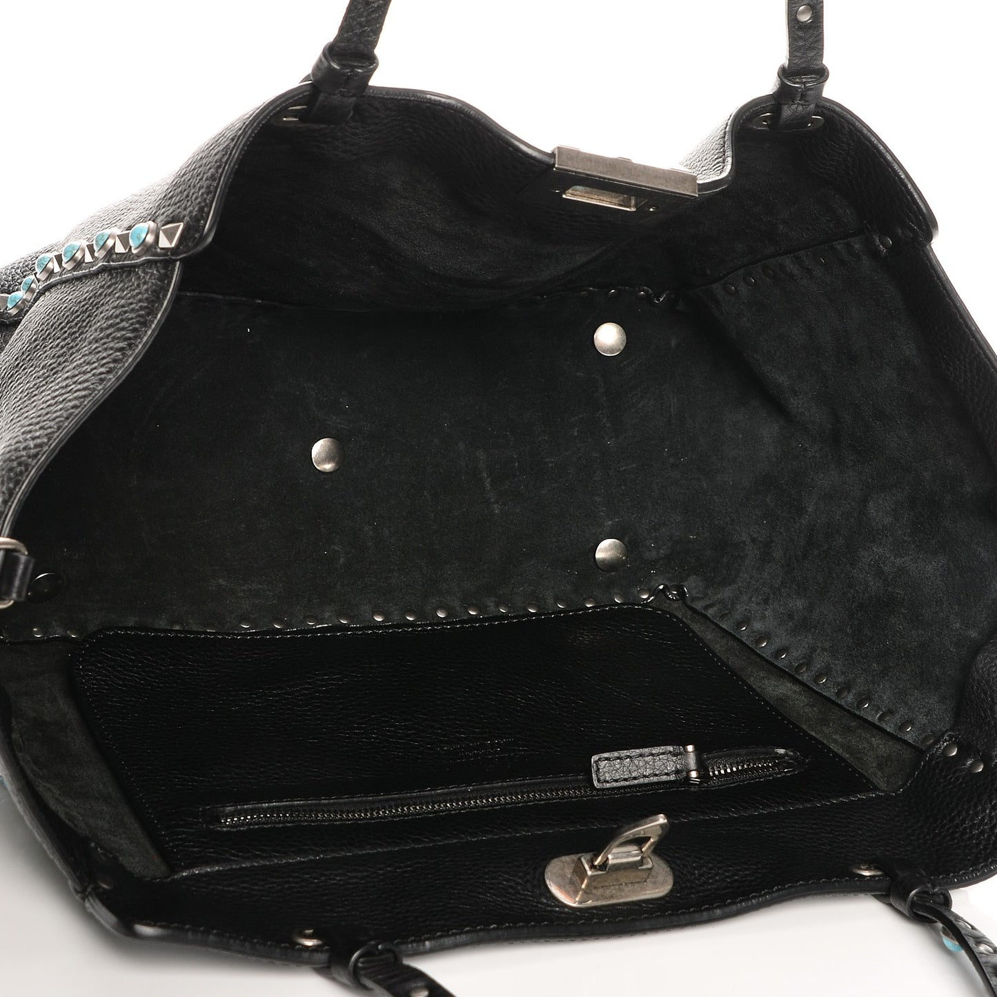 Grained Calfskin Turquoise Medium Rockstud Rolling Tote Black