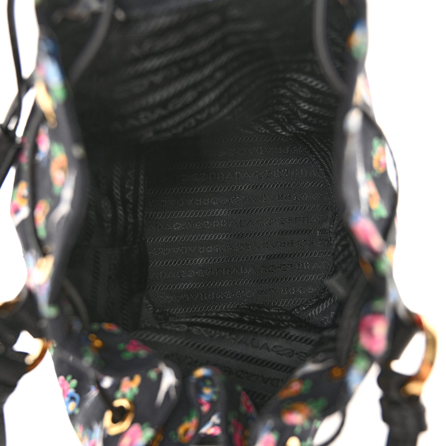 Prada Wicker Canvas Floral Print Bucket Bag Black Multicolor 5 of 12