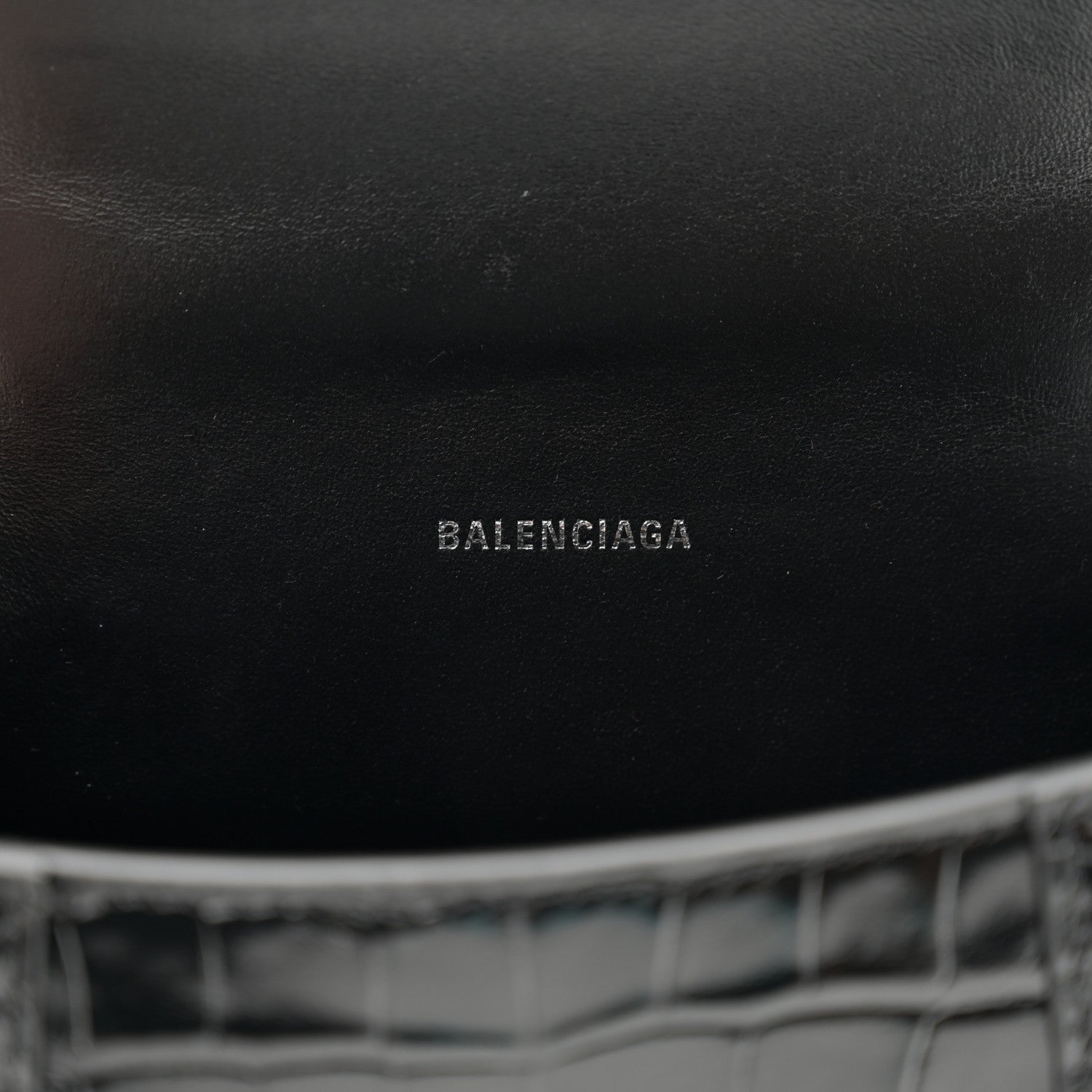 Balenciaga Shiny Calfskin Strass Monochrome Crocodile Embossed Hourglass Top Handle Bag XS Black 6 of 9