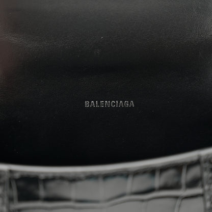 Balenciaga Shiny Calfskin Strass Monochrome Crocodile Embossed Hourglass Top Handle Bag XS Black 6 of 9