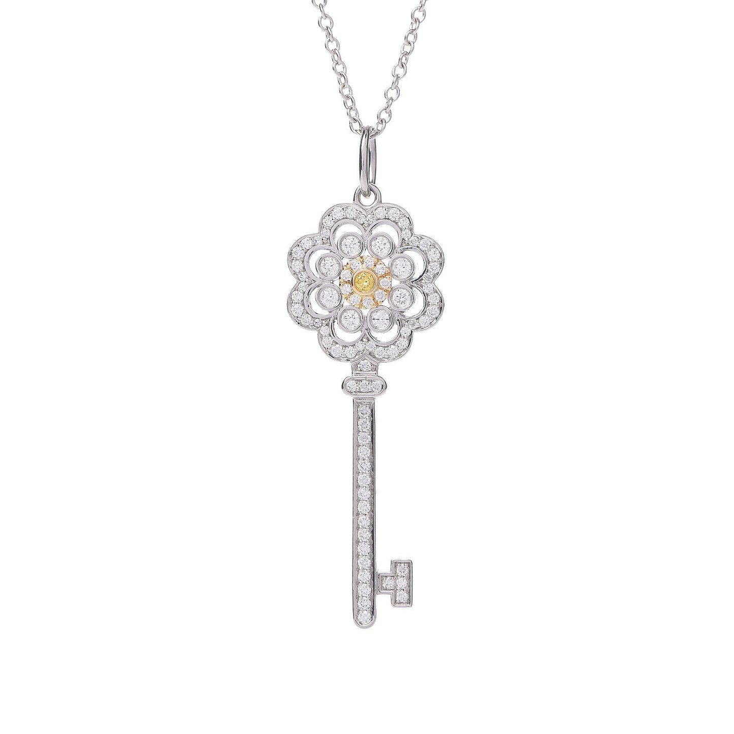 Platinum 18K White Yellow Gold Diamond Fancy Yellow Diamond Rose Key Pendant Necklace