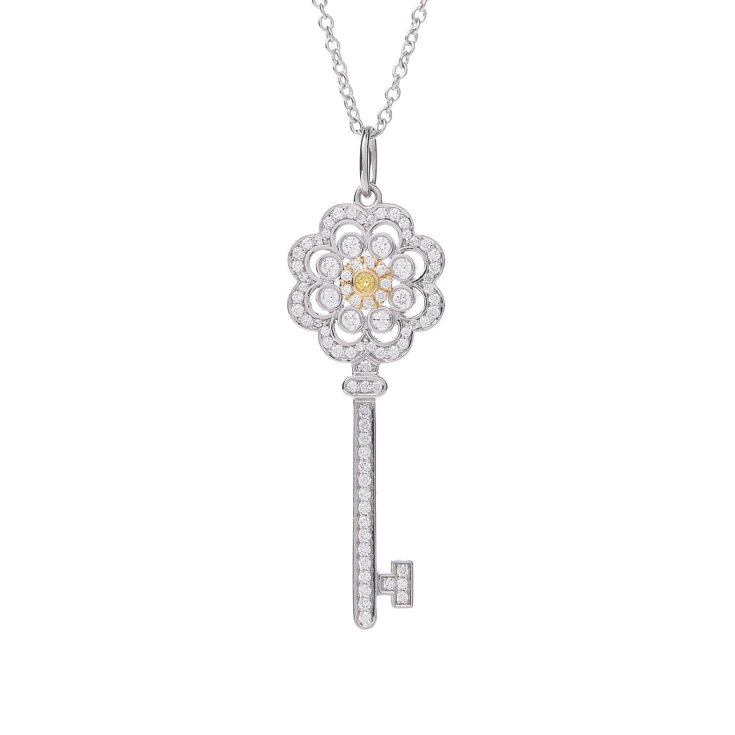 Tiffany Platinum 18K White Yellow Gold Diamond Fancy Yellow Diamond Rose Key Pendant Necklace 4 of 7