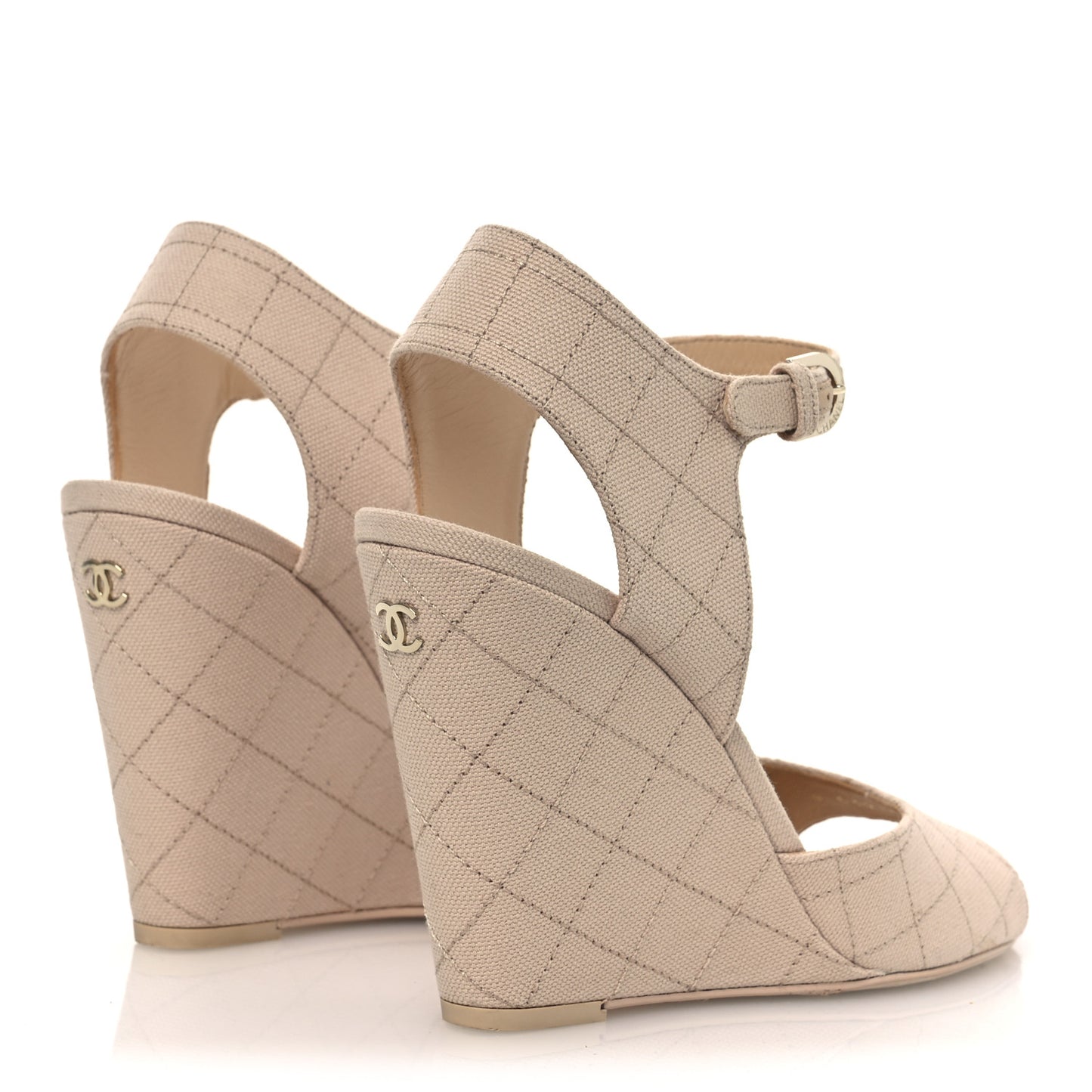 Canvas Quilted Peep Toe Wedge Sandals 39 Beige