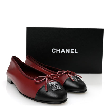 Chanel Lambskin Cap Toe CC Ballerina Flats 37 Burgundy Black 10 of 10