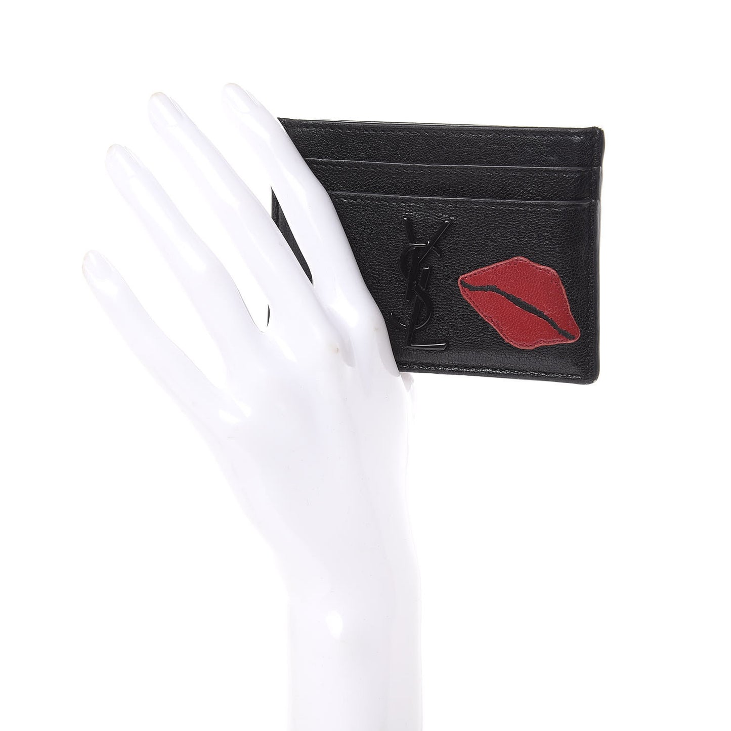 Calfskin Lip Embroidered Credit Card Case Black