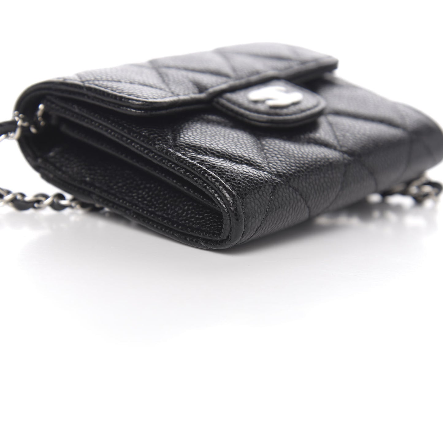 Caviar Quilted Flap Card Holder On Chain Black
