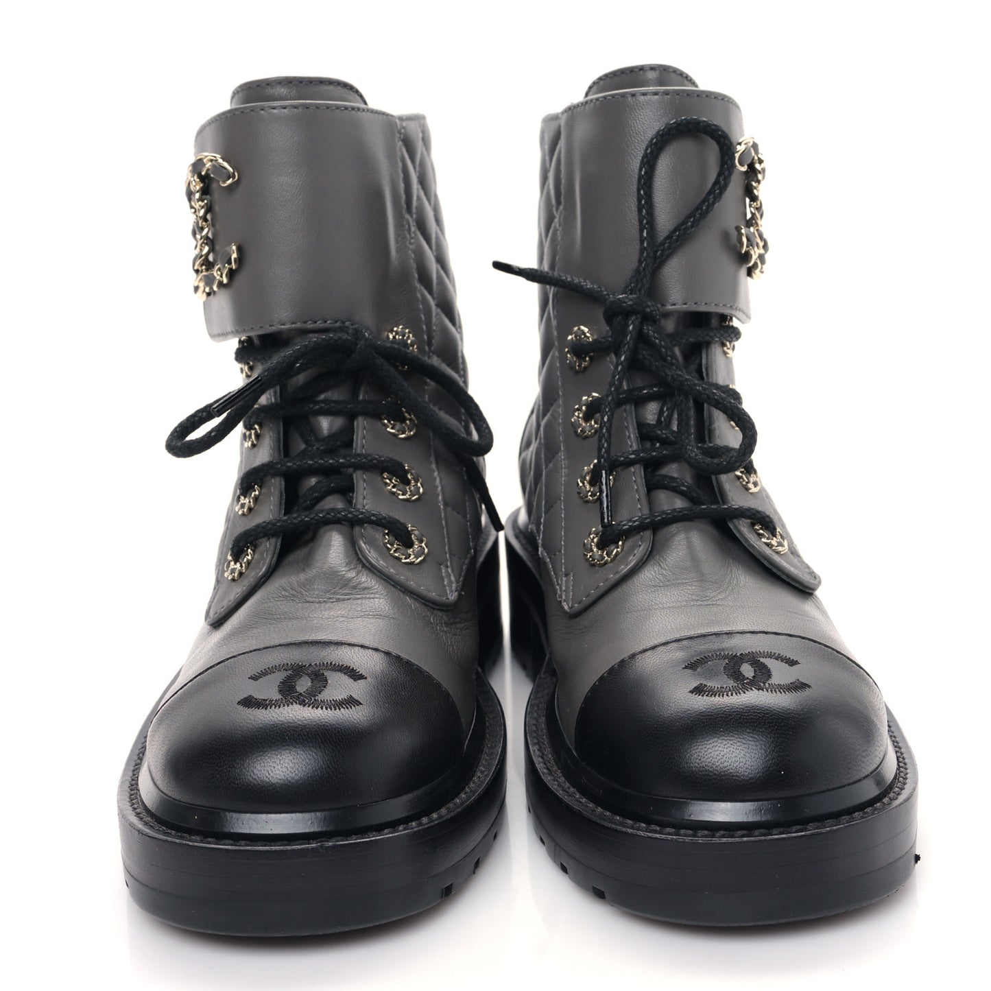 Shiny Lambskin Quilted Lace Up Combat Boots 38 Grey Black
