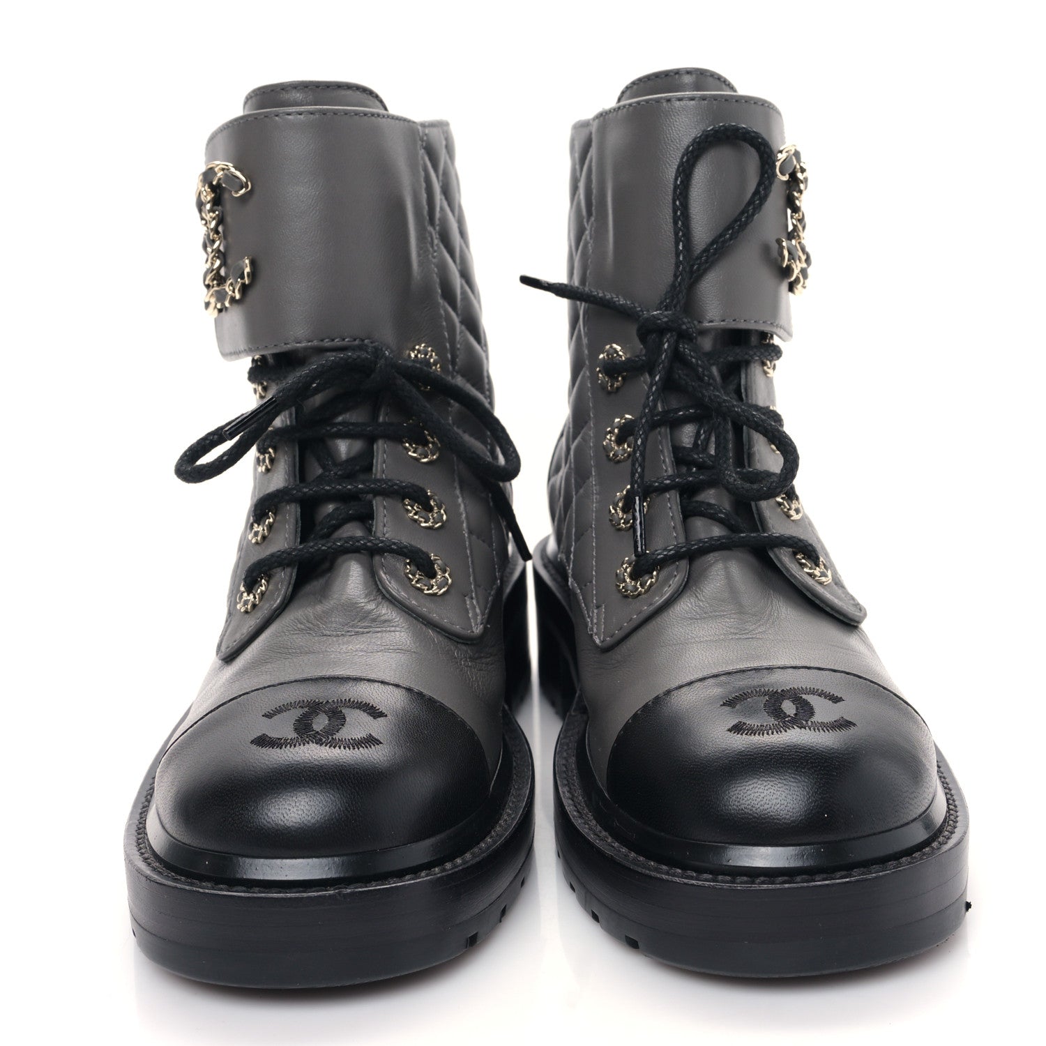 Chanel Shiny Lambskin Quilted Lace Up Combat Boots 38 Grey Black 2 of 9