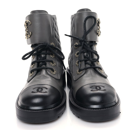 Chanel Shiny Lambskin Quilted Lace Up Combat Boots 38 Grey Black 2 of 9