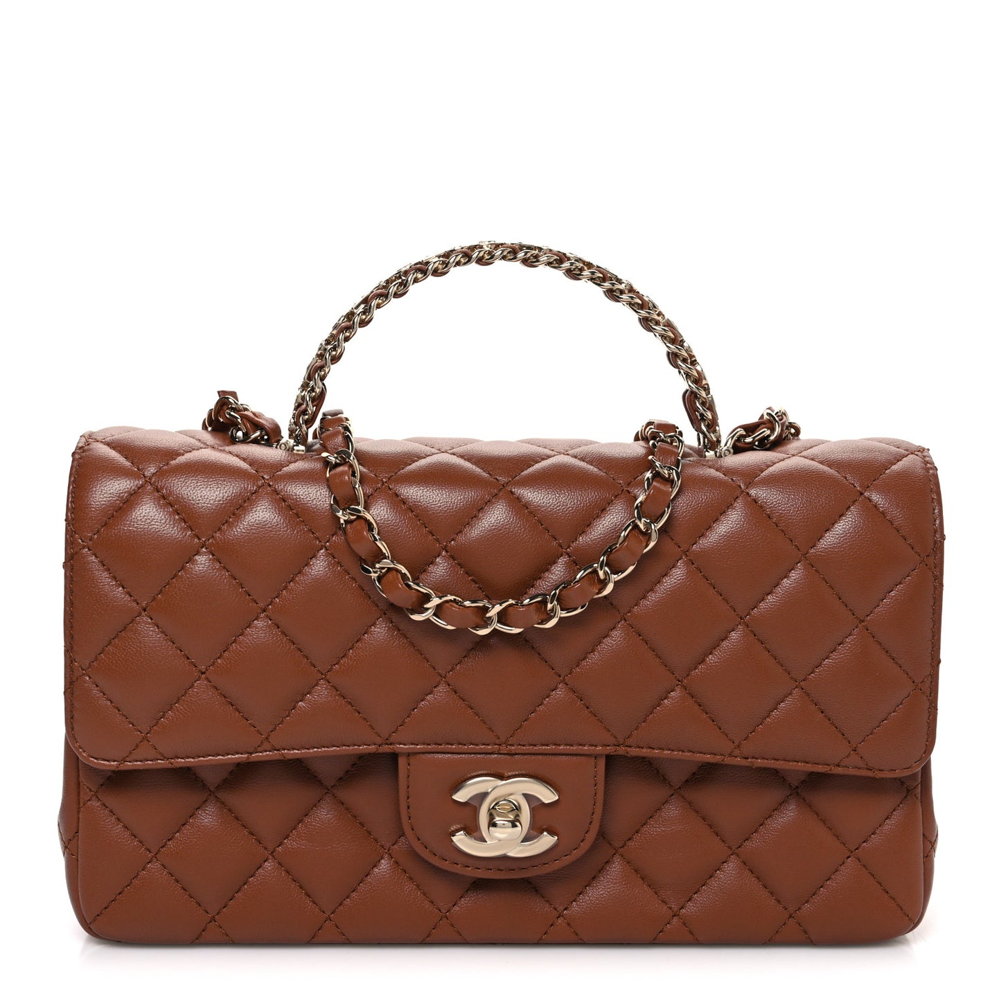 Lambskin Quilted Medium Crystal Top Handle Rectangular Flap Brown