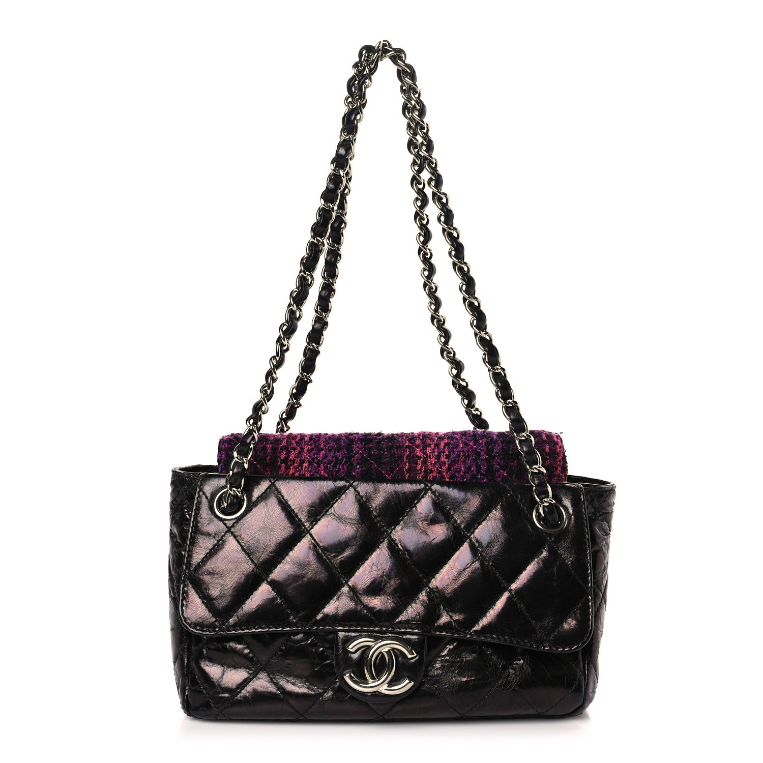 Chanel Glazed Calfskin Quilted Tweed Portobello Flap Black Pink 1 of 9