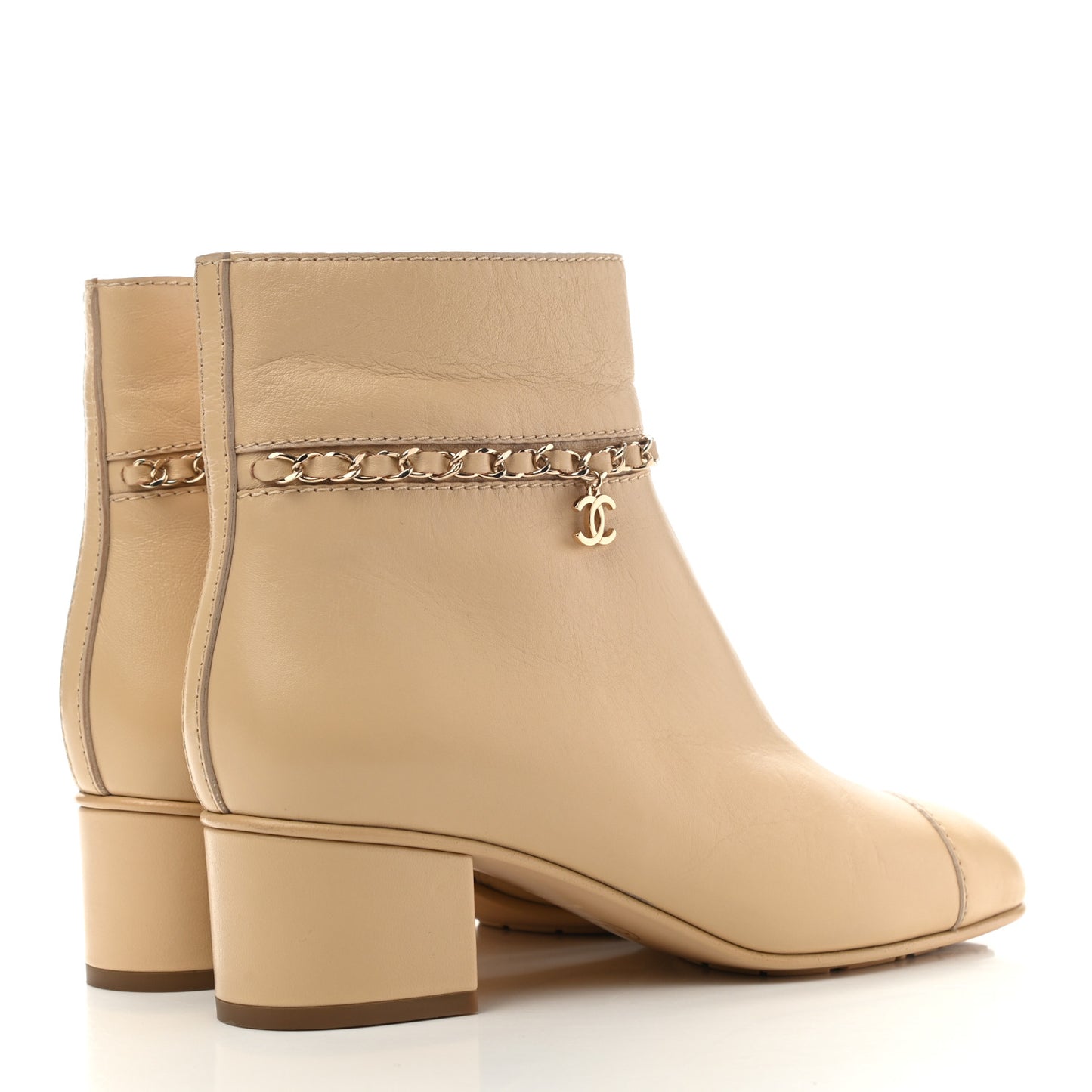 Calfskin Cap Toe Chain Short Boots 37.5 Beige