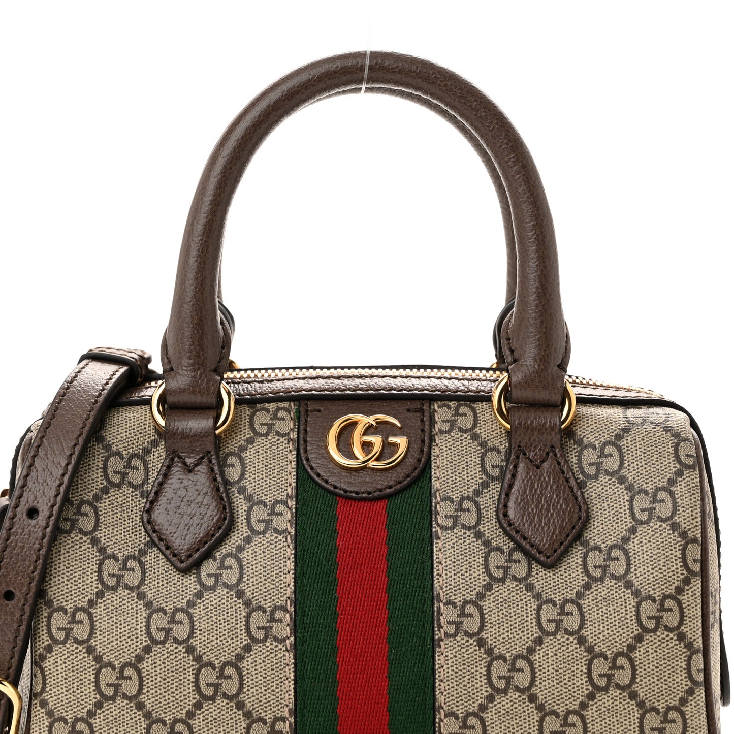 GG Supreme Monogram Textured Dollar Calfskin Web Mini Ophidia Top Handle Bag Beige Ebony New Acero