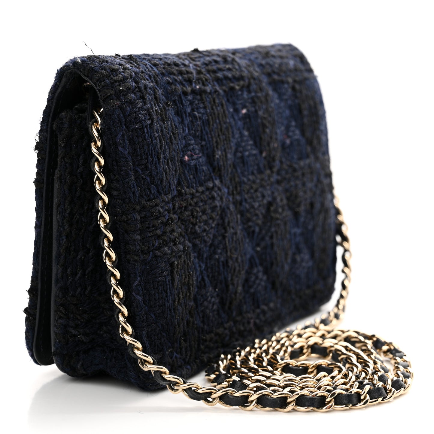 Tweed Shearling Quilted Chanel Wallet On Chain WOC Navy Black
