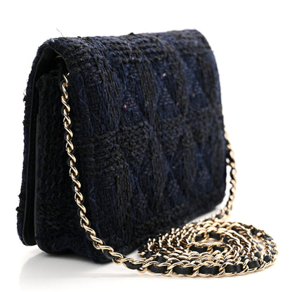 Chanel Tweed Shearling Quilted Chanel Wallet On Chain WOC Navy Black 3 of 16