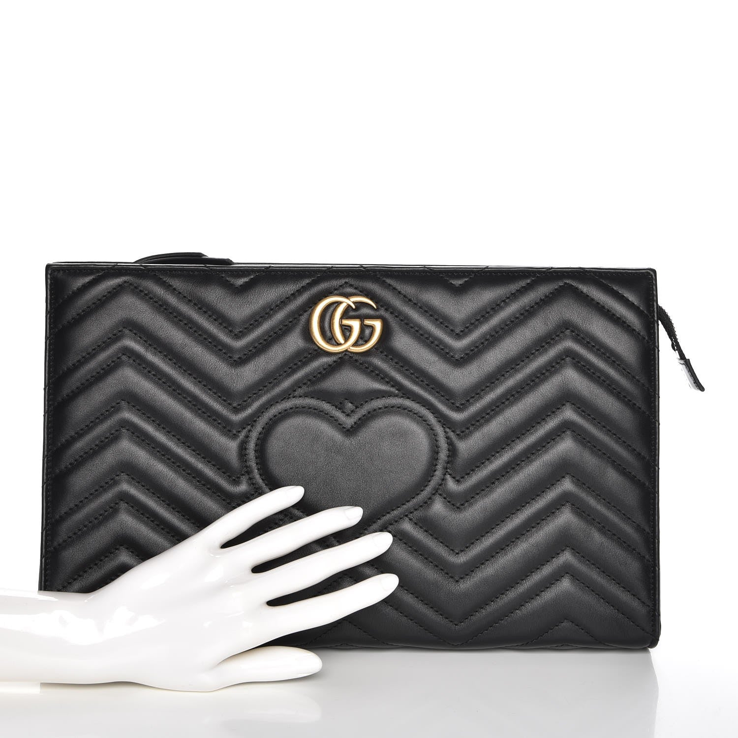 Gucci Calfskin Matelasse Chevron Heart GG Marmont Clutch Black 2 of 7
